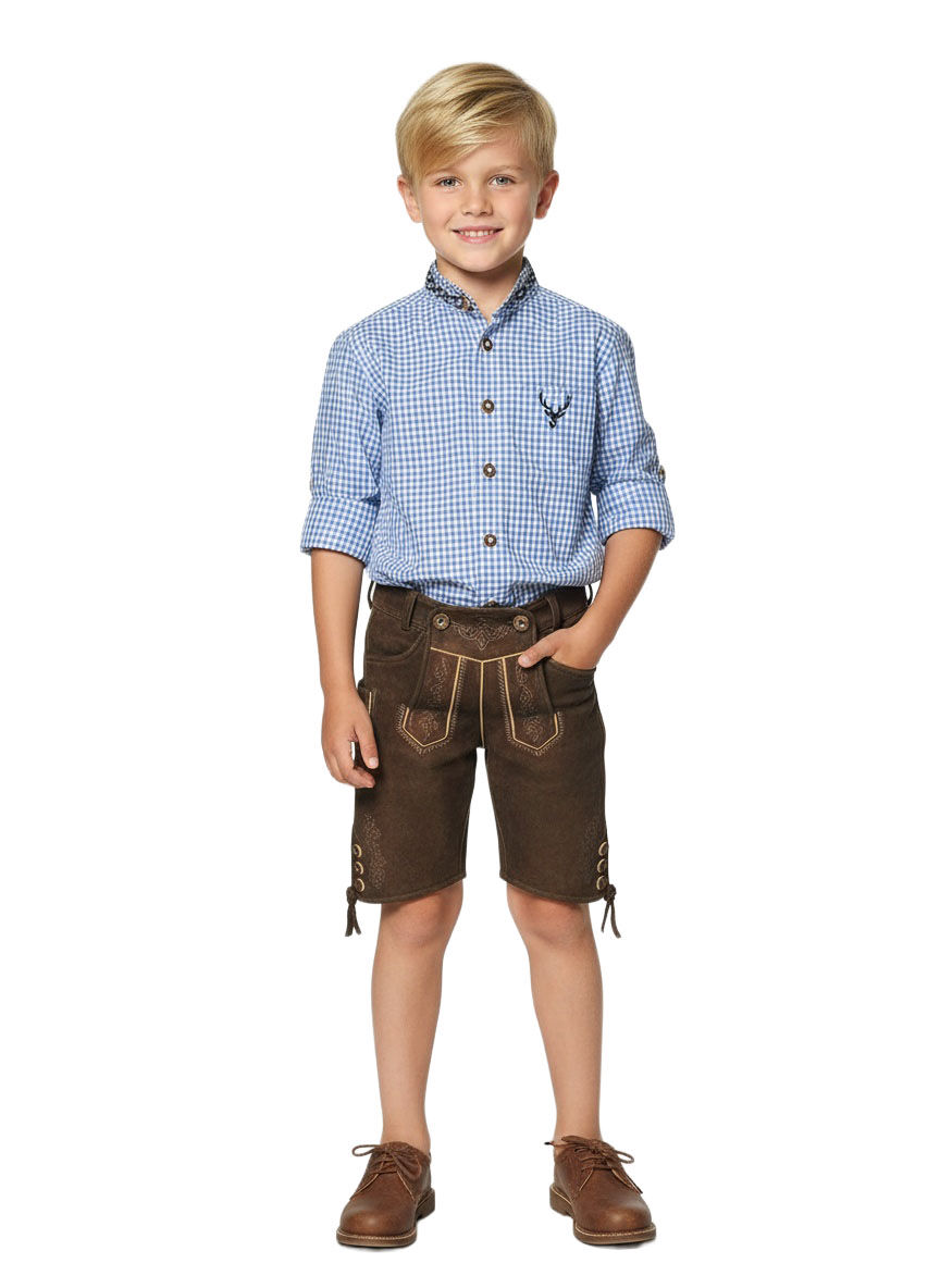 Trachtenhemd Kinder kariert Blau Hirsch Stickerei Stehkragen