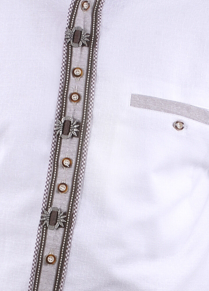 Trachtenhemd Herren Weiß Stickerei + Karo-Besätze Trachtenhemd Herren Weiß Stickerei + Karo-Besätze