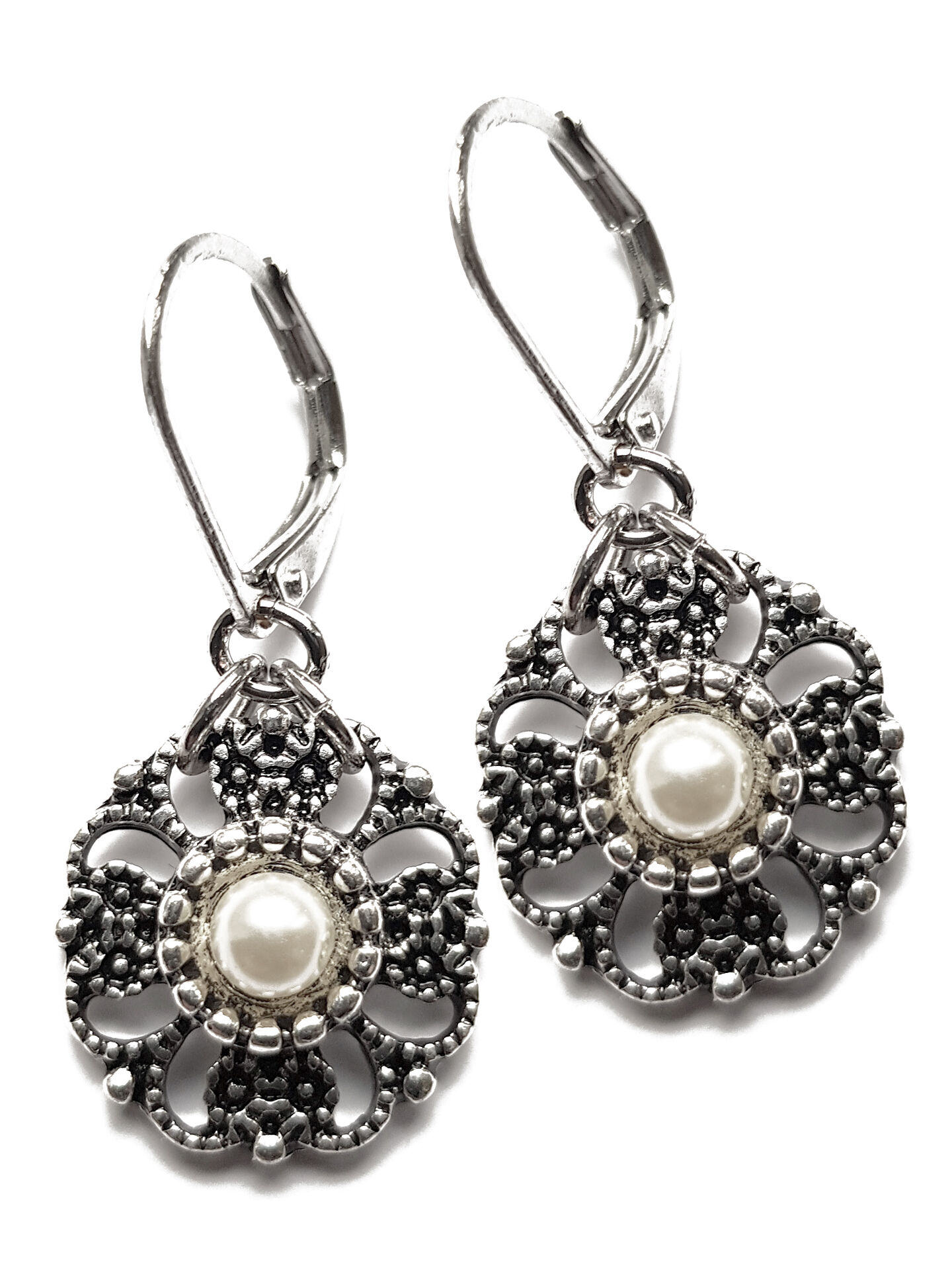 Ohrringe Damen Blumen-Anhänger + Perle Silber