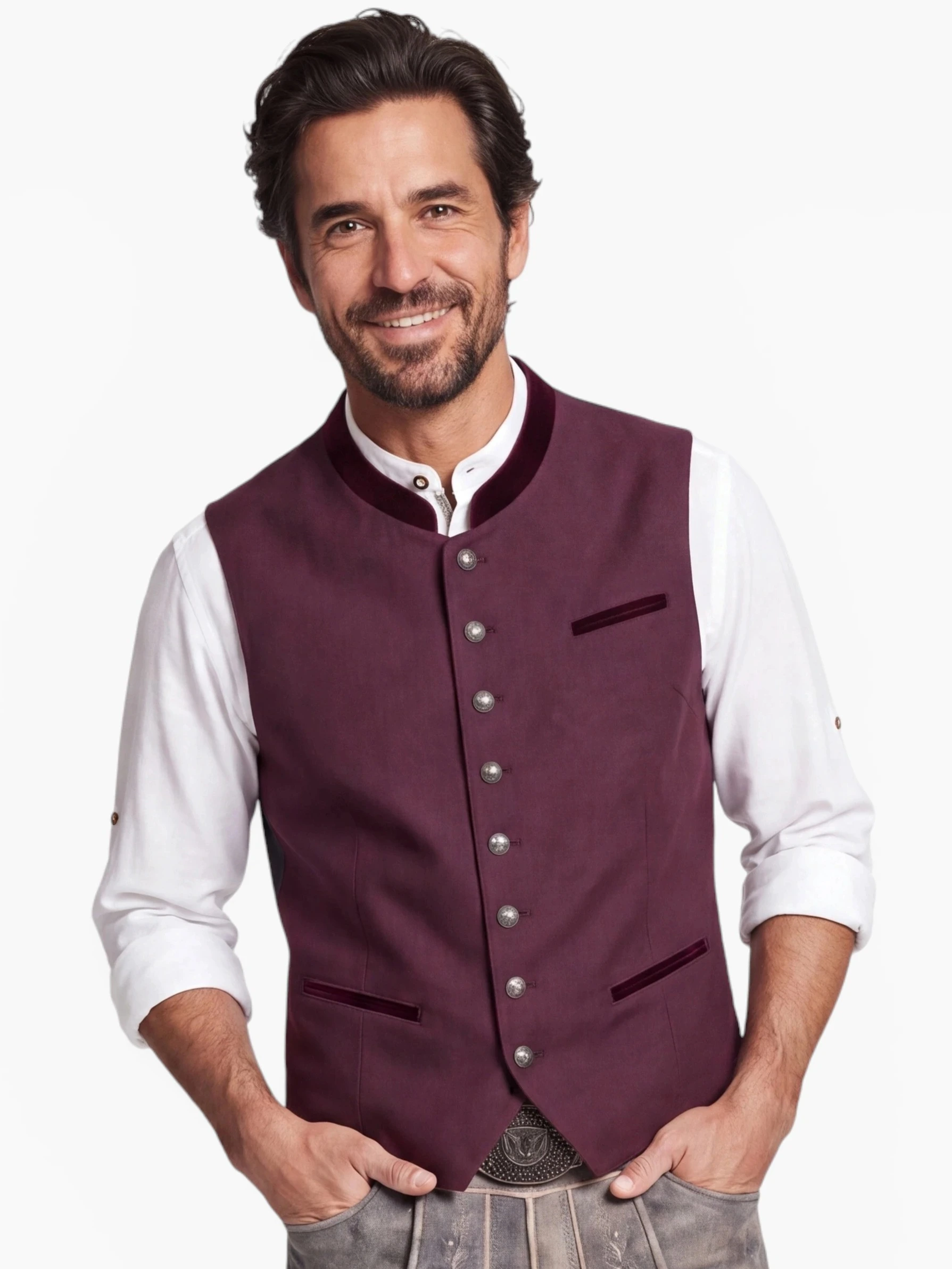 Stretch Trachtenweste Kuno Bordeaux – Elegantes Herren Gilet mit Samtbesatz