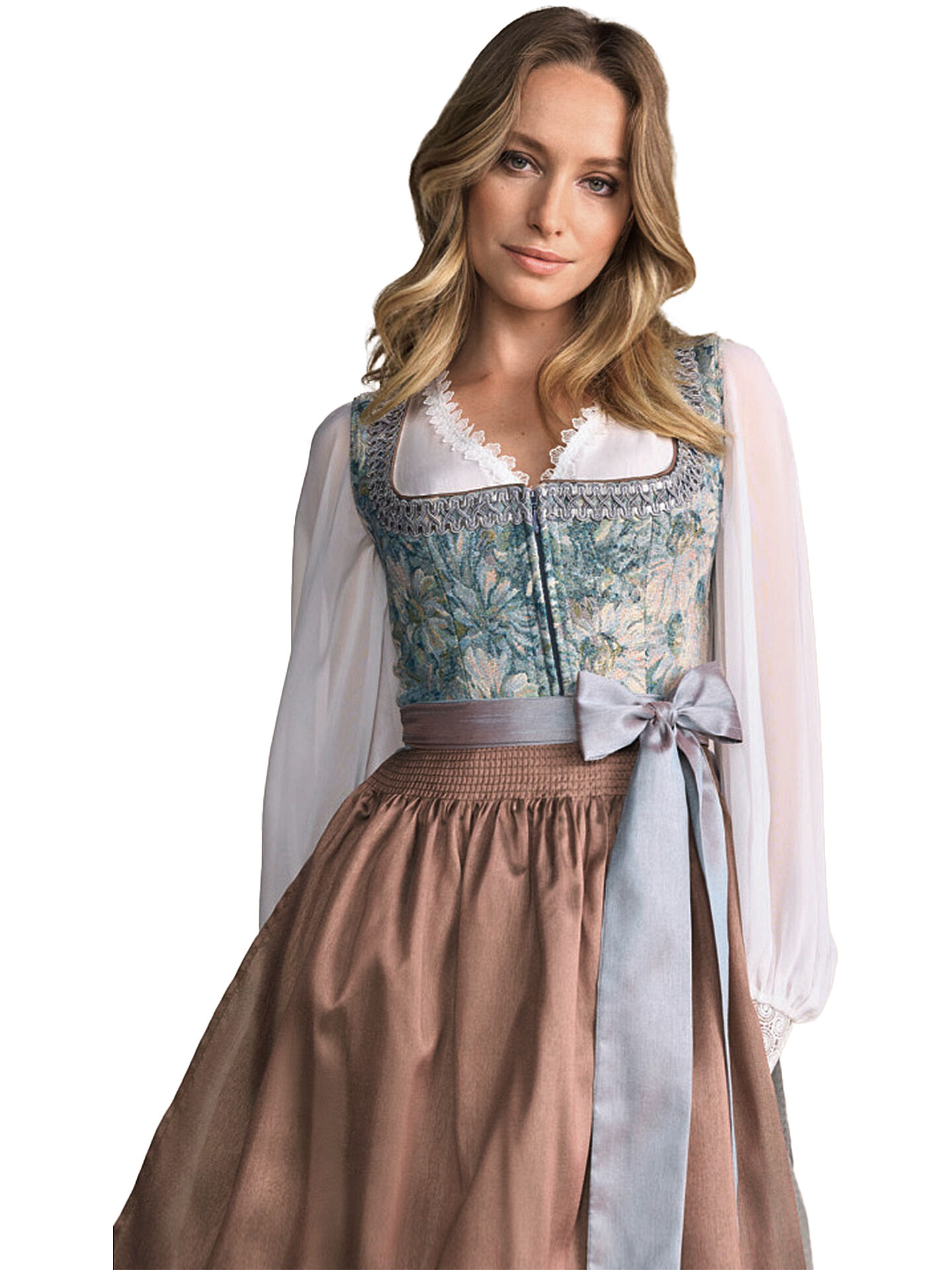 Elegantes Dirndl - kurzes Midi-Dirndl in edlem Beige/Braun