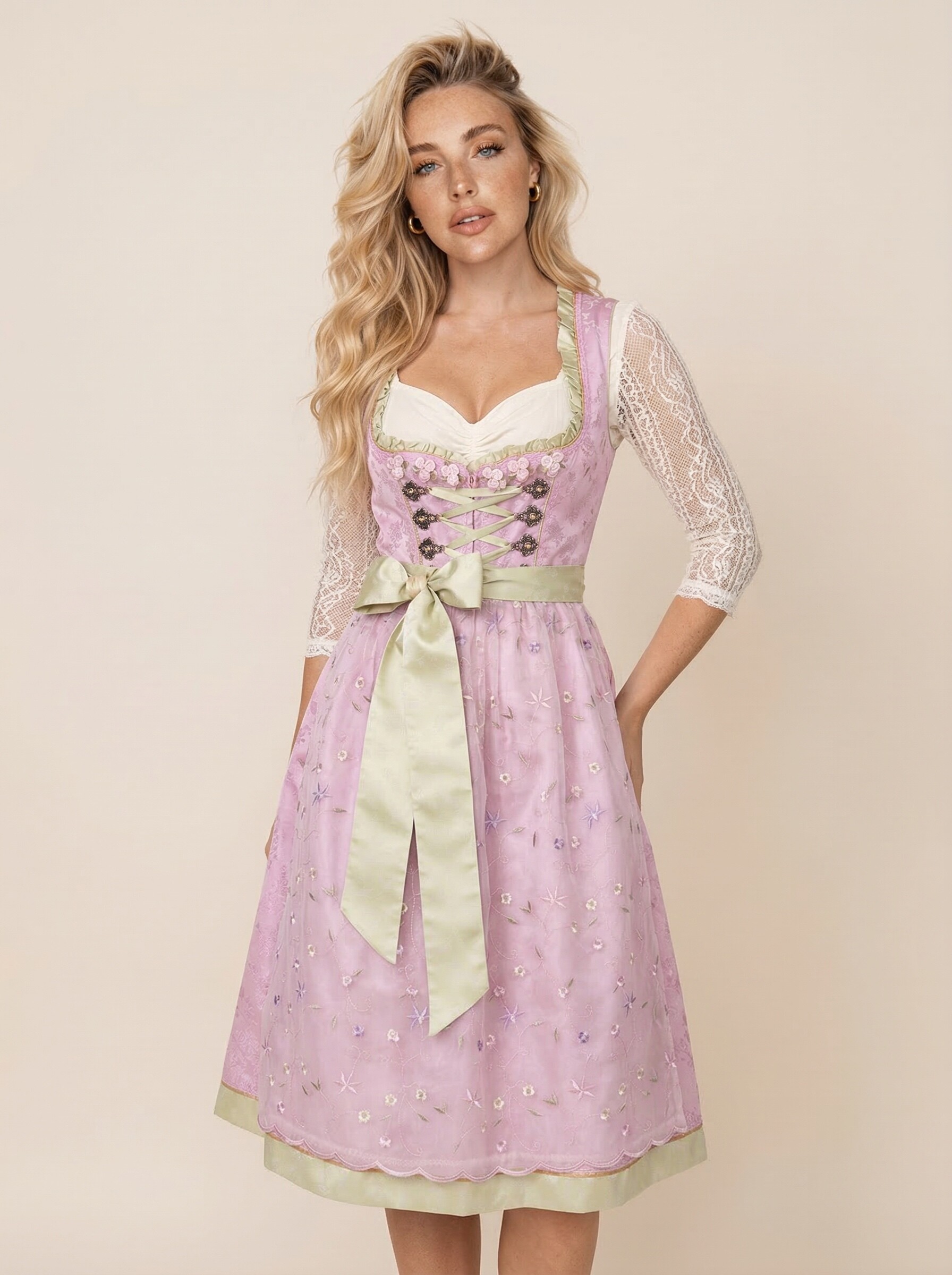 Rosa-lindgrünes Midi Dirndl Eva für Damen – klassische Frontansicht