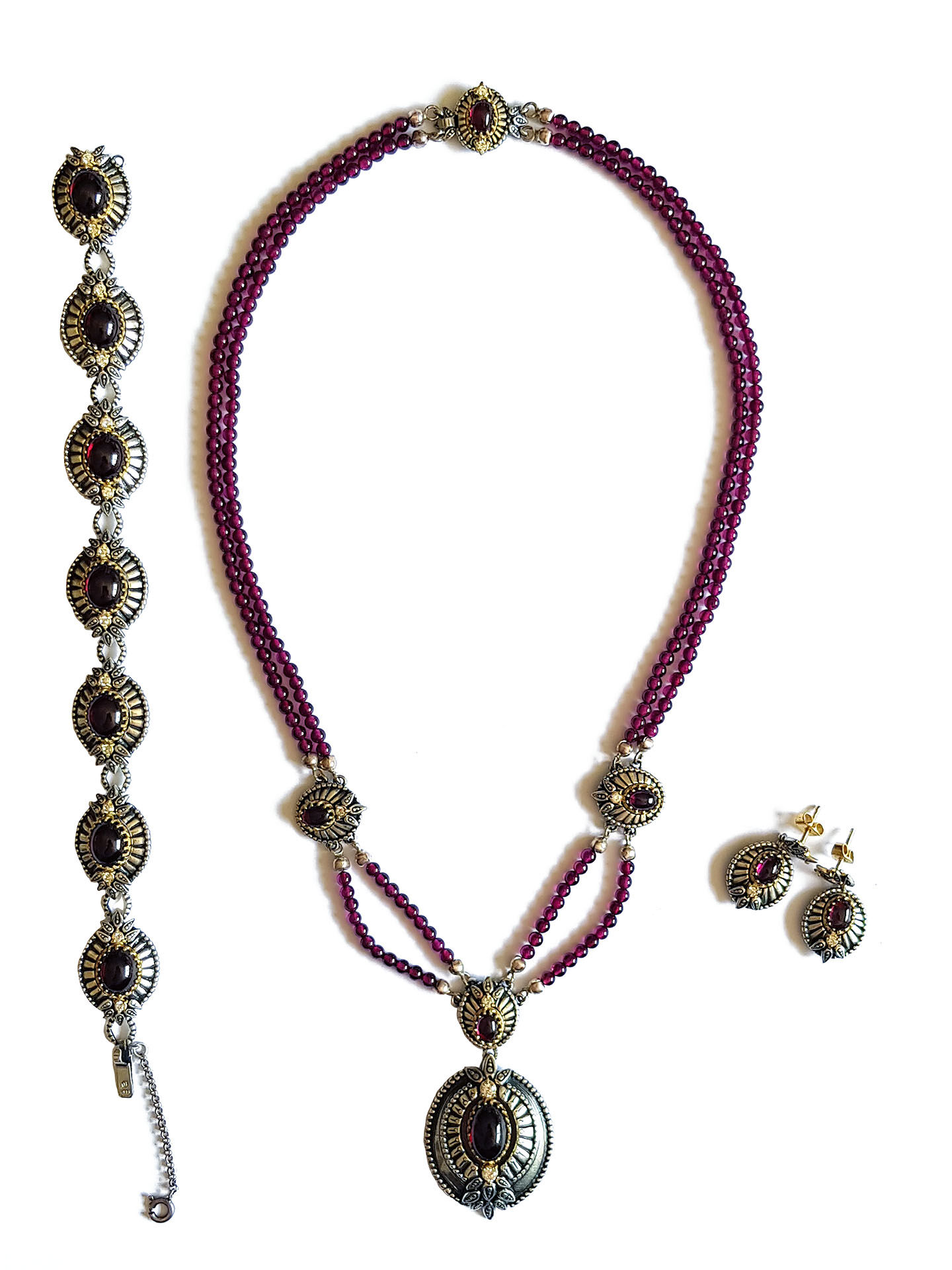 Premium Granat Trachtenschmuck Set 3-teilig - Kette + Armband + Ohrringe - echter Granat-Schmuck Rot/Beere Premium Granat Trachtenschmuck Set 3-teilig - Kette + Armband + Ohrringe - echter Granat-Schmuck Rot/Beere