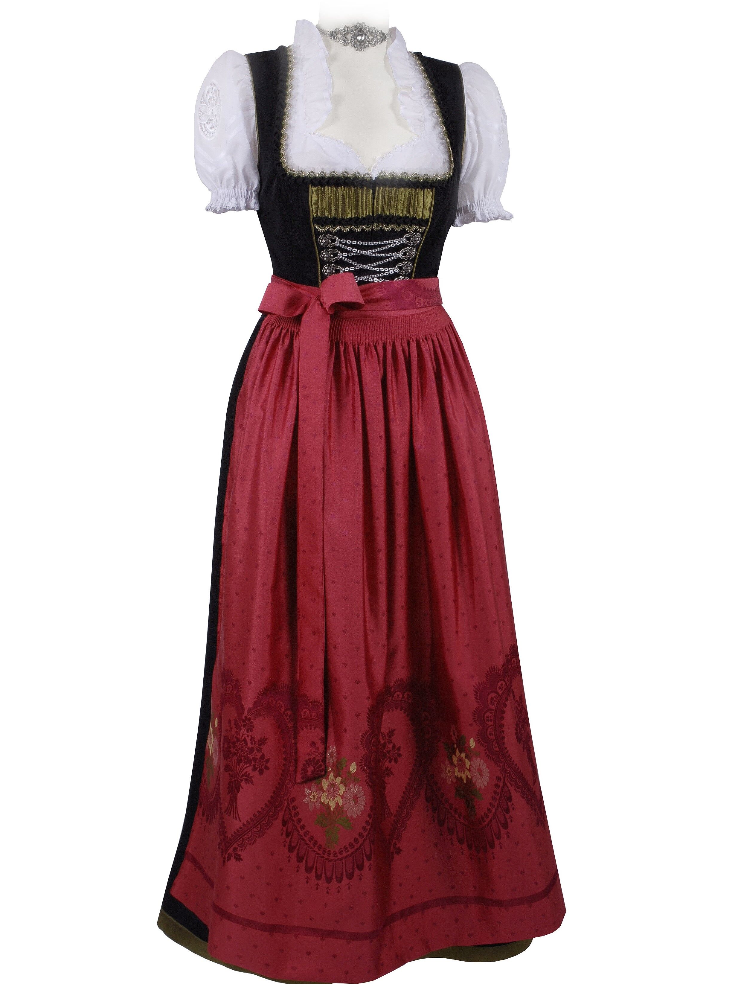 Festliches Dirndl lang - Festtagsdirndl mit edler Satinschürze Schwarz Rot Festliches Dirndl lang - Festtagsdirndl mit edler Satinschürze Schwarz Rot
