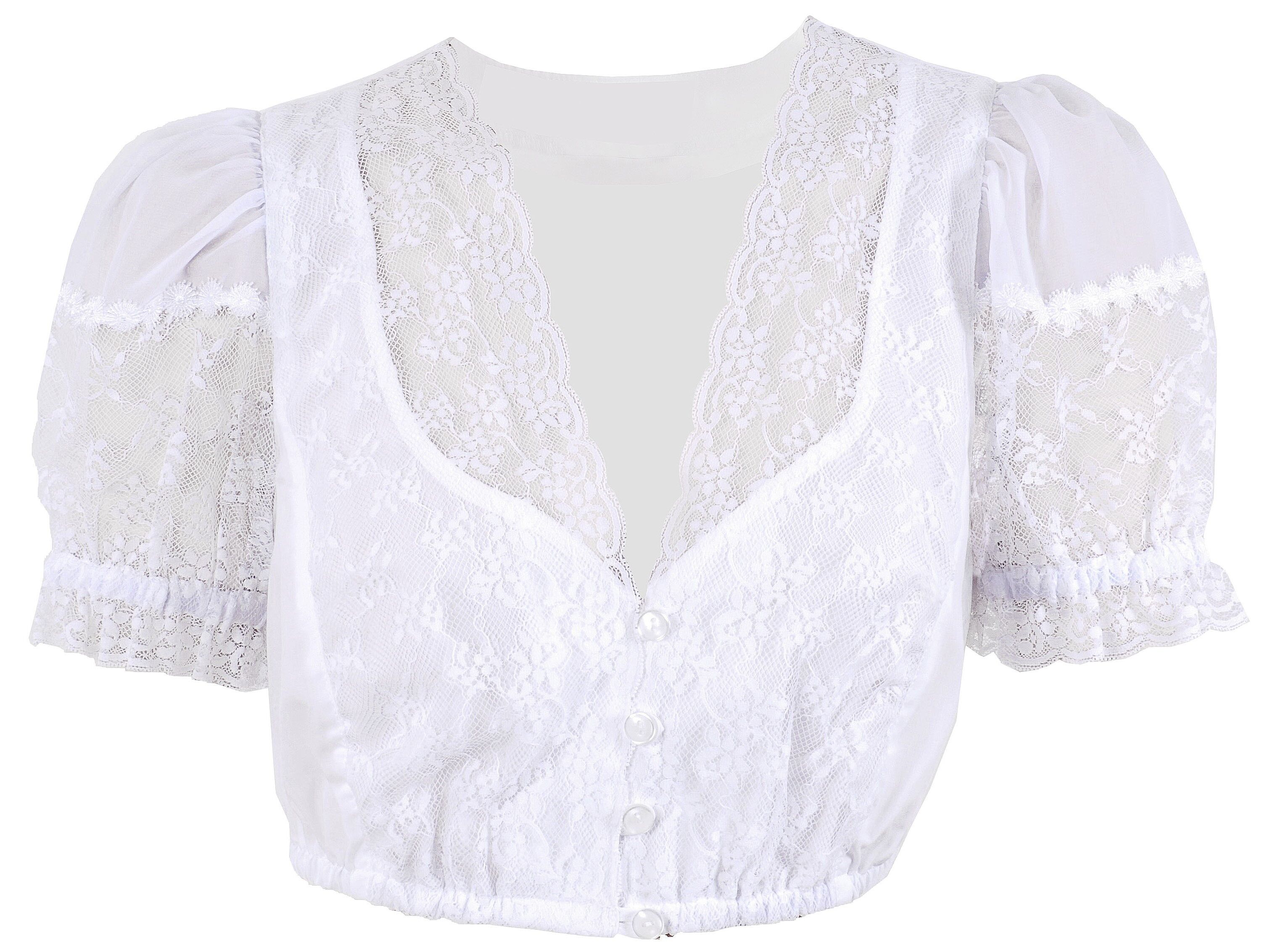 PREMIUM Dirndlbluse Damen festlich duftige Georgette-Bluse + Rüschen + Spitze Weiß