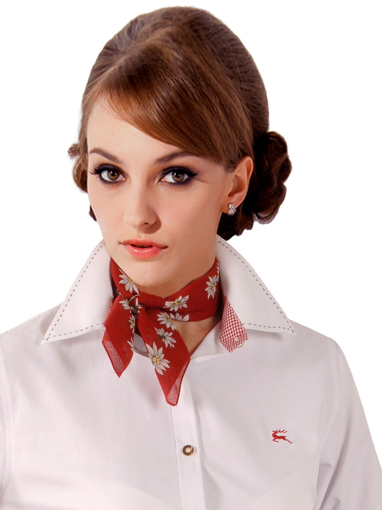 Basic Trachtenbluse Damen Langarm + Vichy-Karo kariert  Hirsch-Stickerei Weiß-Rot Basic Trachtenbluse Damen Langarm + Vichy-Karo kariert  Hirsch-Stickerei Weiß-Rot