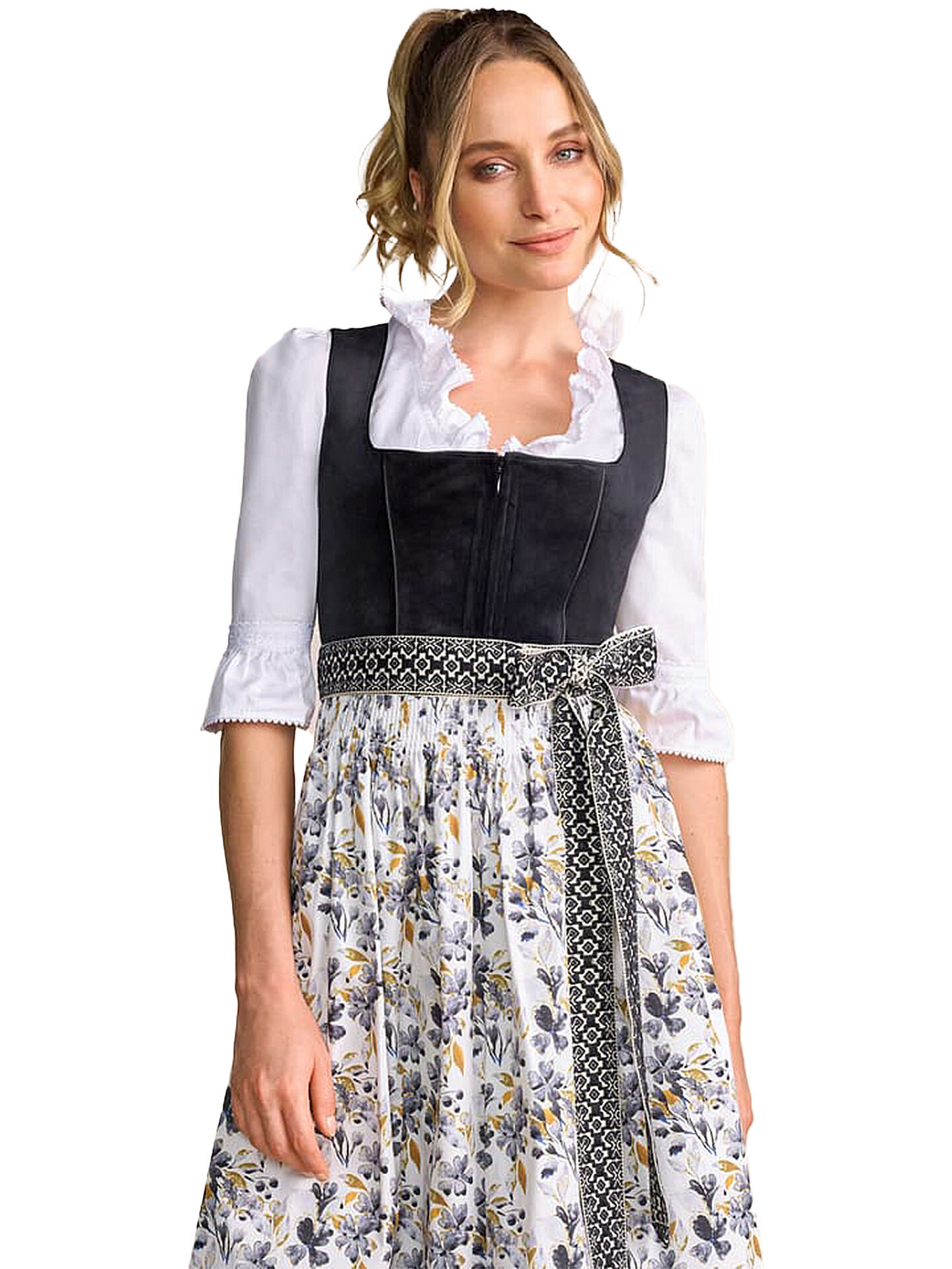 Festliches Midi-Dirndl - kurzes Samtdirndl + Blumenschürze Schwarz-Gold