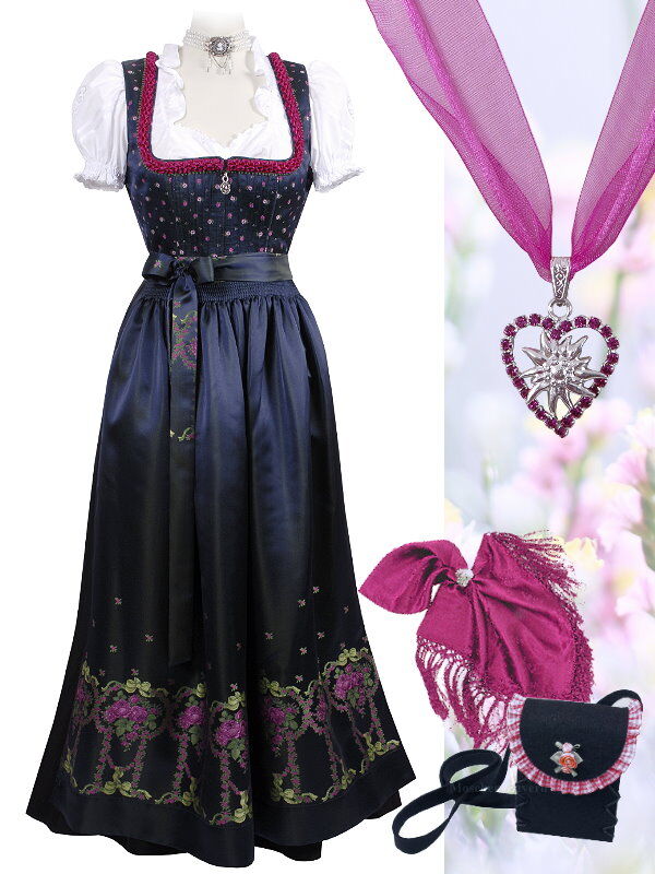 Festliches Dirndl lang - Festtagsdirndl + edle Satinschürze Blau Marine Festliches Dirndl lang - Festtagsdirndl + edle Satinschürze Blau Marine