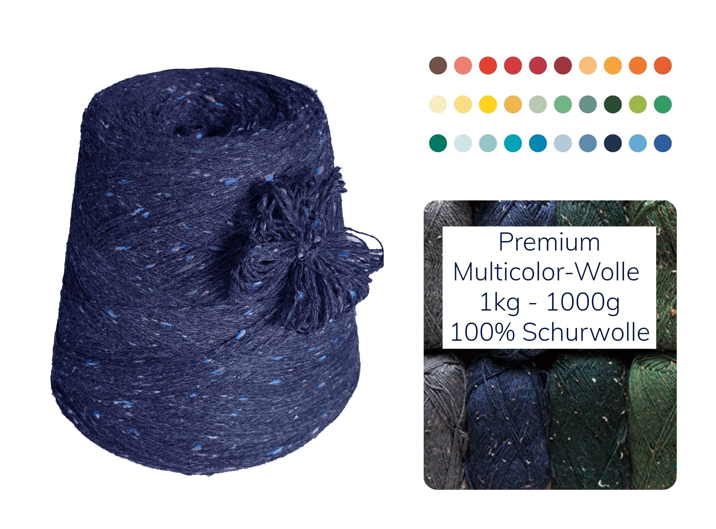 PREMIUM STRICKWOLLE - SCHURWOLLE-TWEED - 1 KG Konen/1000 Gramm  Marine/Blau