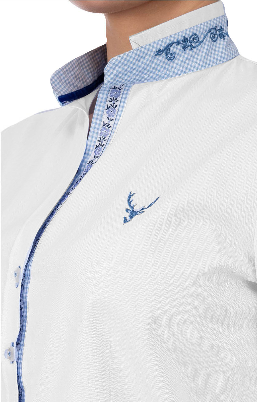 Trachtenbluse Damen 3/4-Arm - Kariert + Hirsch-Stickerei Weiß-Blau Trachtenbluse Damen 3/4-Arm - Kariert + Hirsch-Stickerei Weiß-Blau