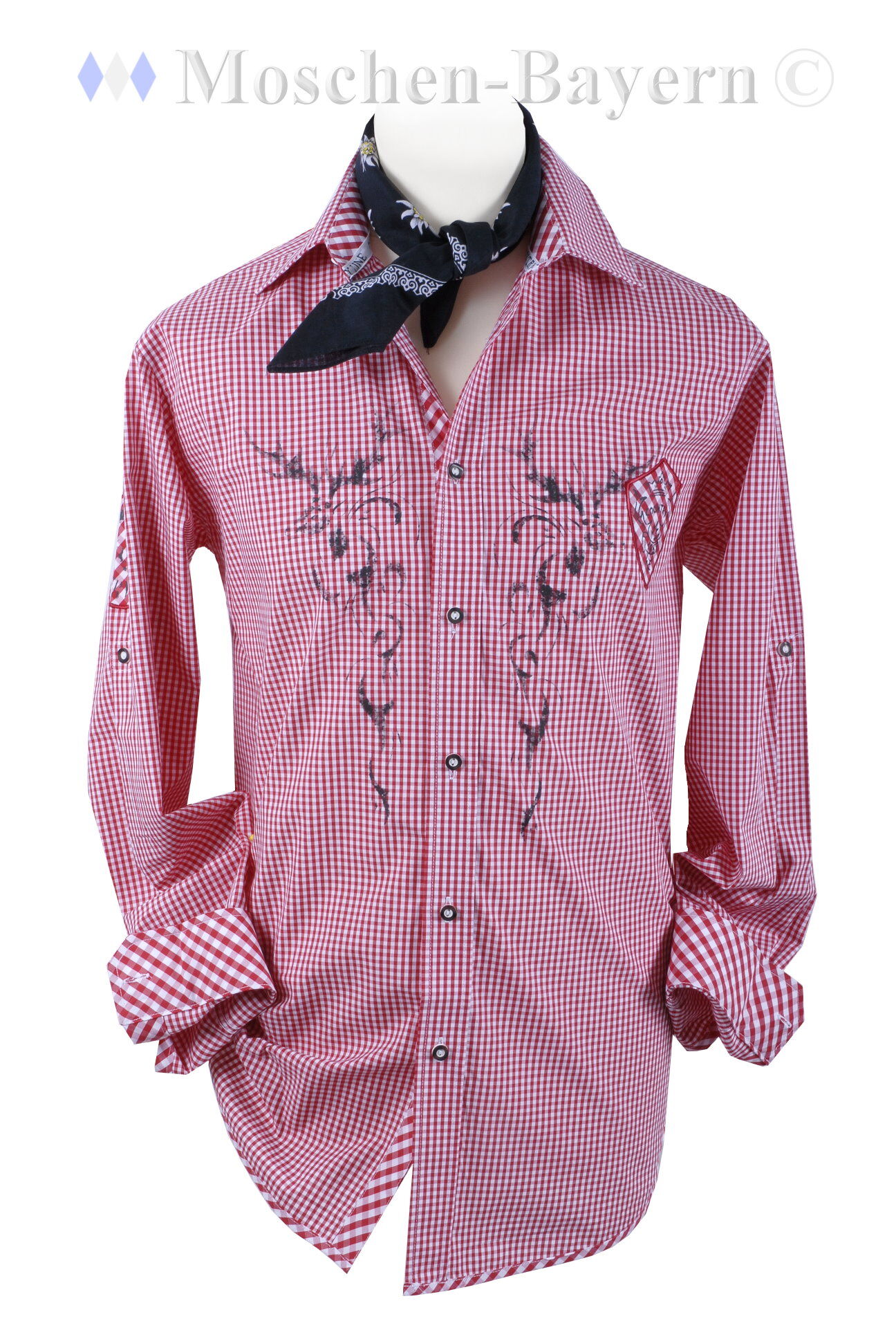 PREMIUM Trachtenhemd kariert Rot Hirsch-Motivdruck PREMIUM Trachtenhemd kariert Rot Hirsch-Motivdruck