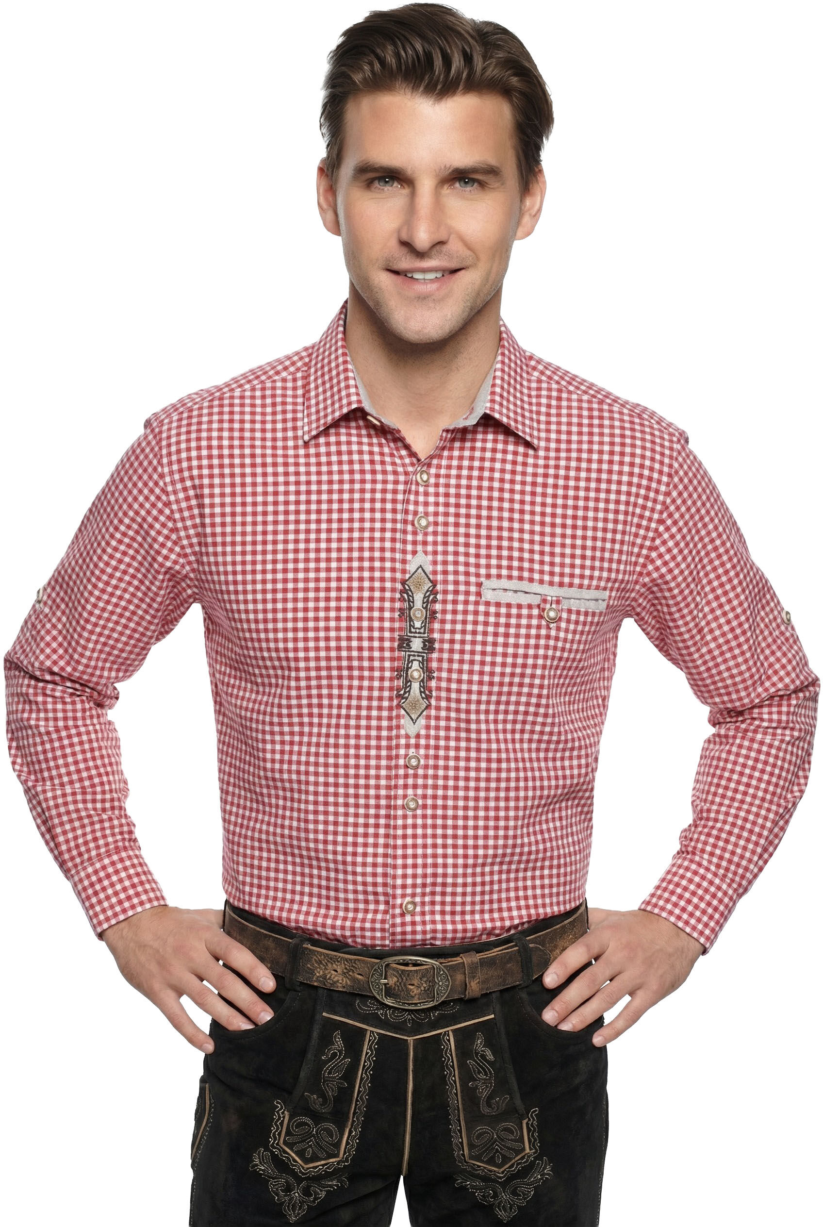 Trachtenhemd Herren kariert Rot Edelweiß Stickerei