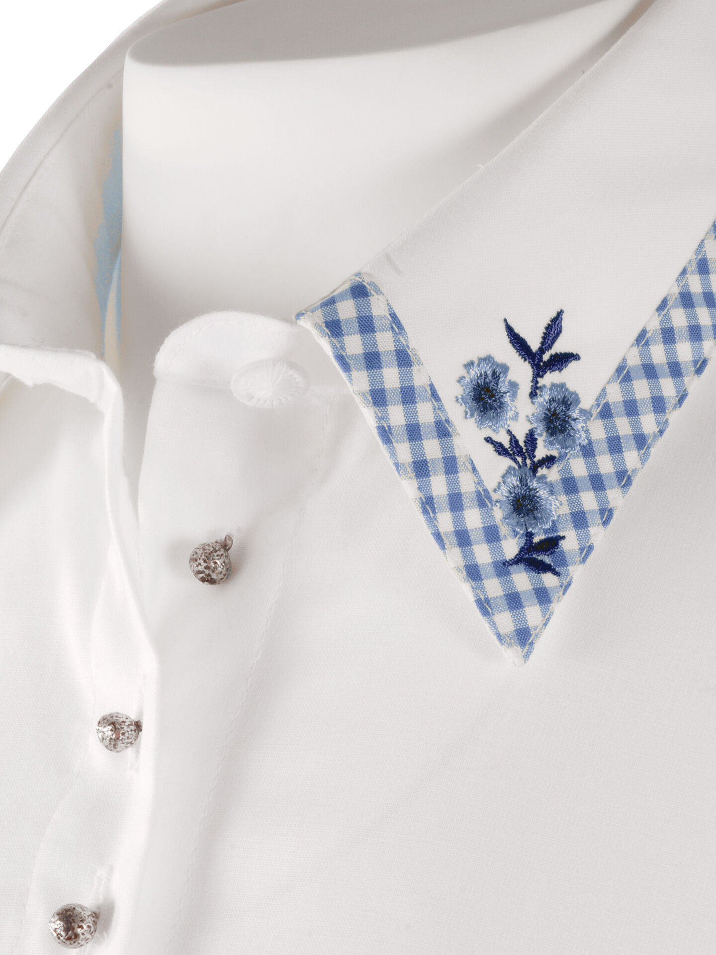 PREMIUM Trachtenbluse Damen Kurzarm mit Vichy-Karo + Stickerei  Weiß PREMIUM Trachtenbluse Damen Kurzarm mit Vichy-Karo + Stickerei  Weiß