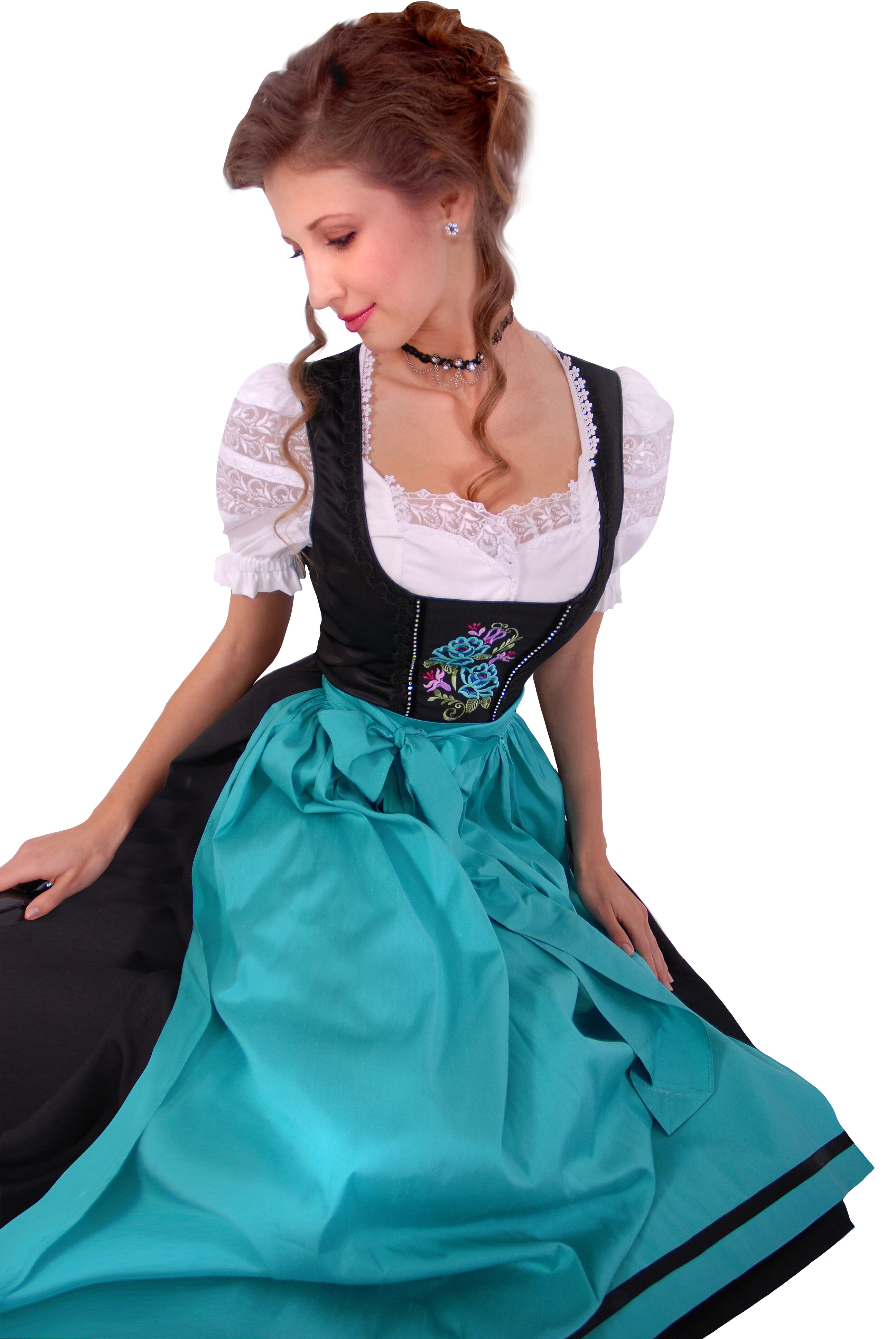 Premium Dirndl lang - Festtagsdirndl Schürze 100% Seide Schwarz Türkis 3tlg. mit Bluse + Schürze Premium Dirndl lang - Festtagsdirndl Schürze 100% Seide Schwarz Türkis 3tlg. mit Bluse + Schürze