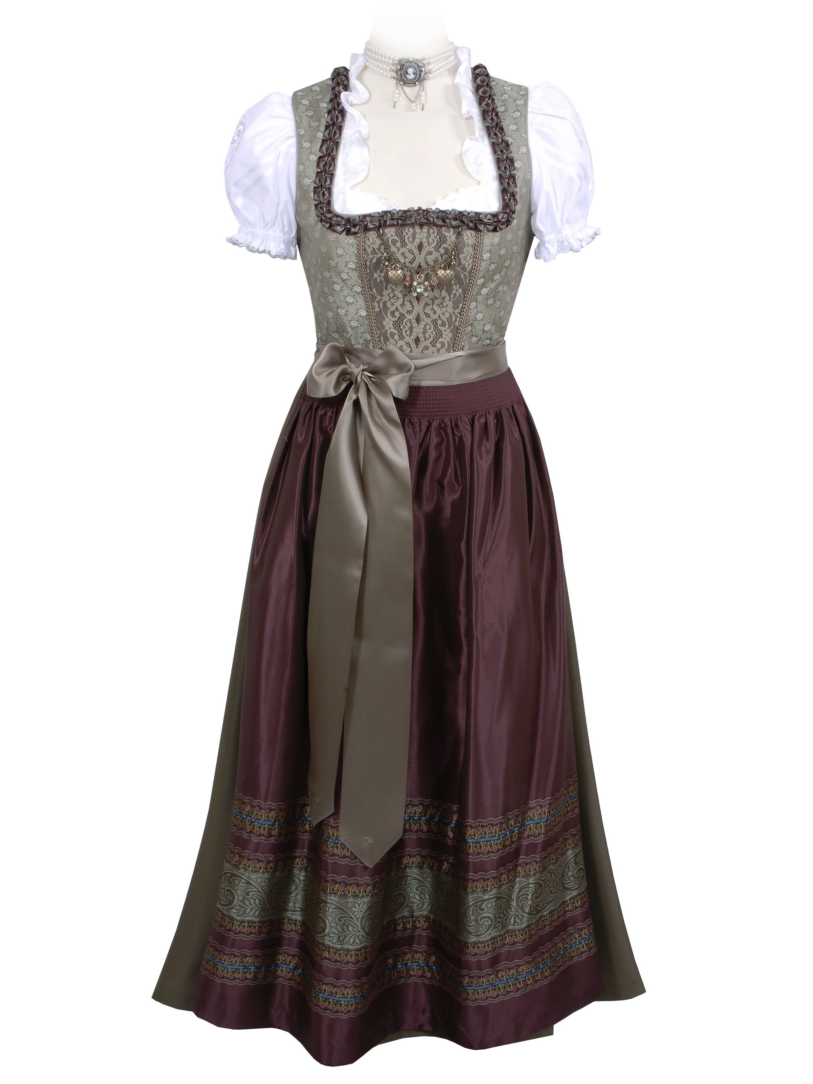Festliches Dirndl lang - Festtagsdirndl mit edler Satinschürze Grün Weinrot Festliches Dirndl lang - Festtagsdirndl mit edler Satinschürze Grün Weinrot