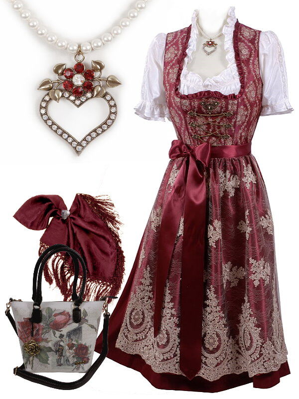 Festliches Midi-Dirndl - kurzes Dirndl + edle Spitzenschürze Rot Bordeauxe Festliches Midi-Dirndl - kurzes Dirndl + edle Spitzenschürze Rot Bordeauxe