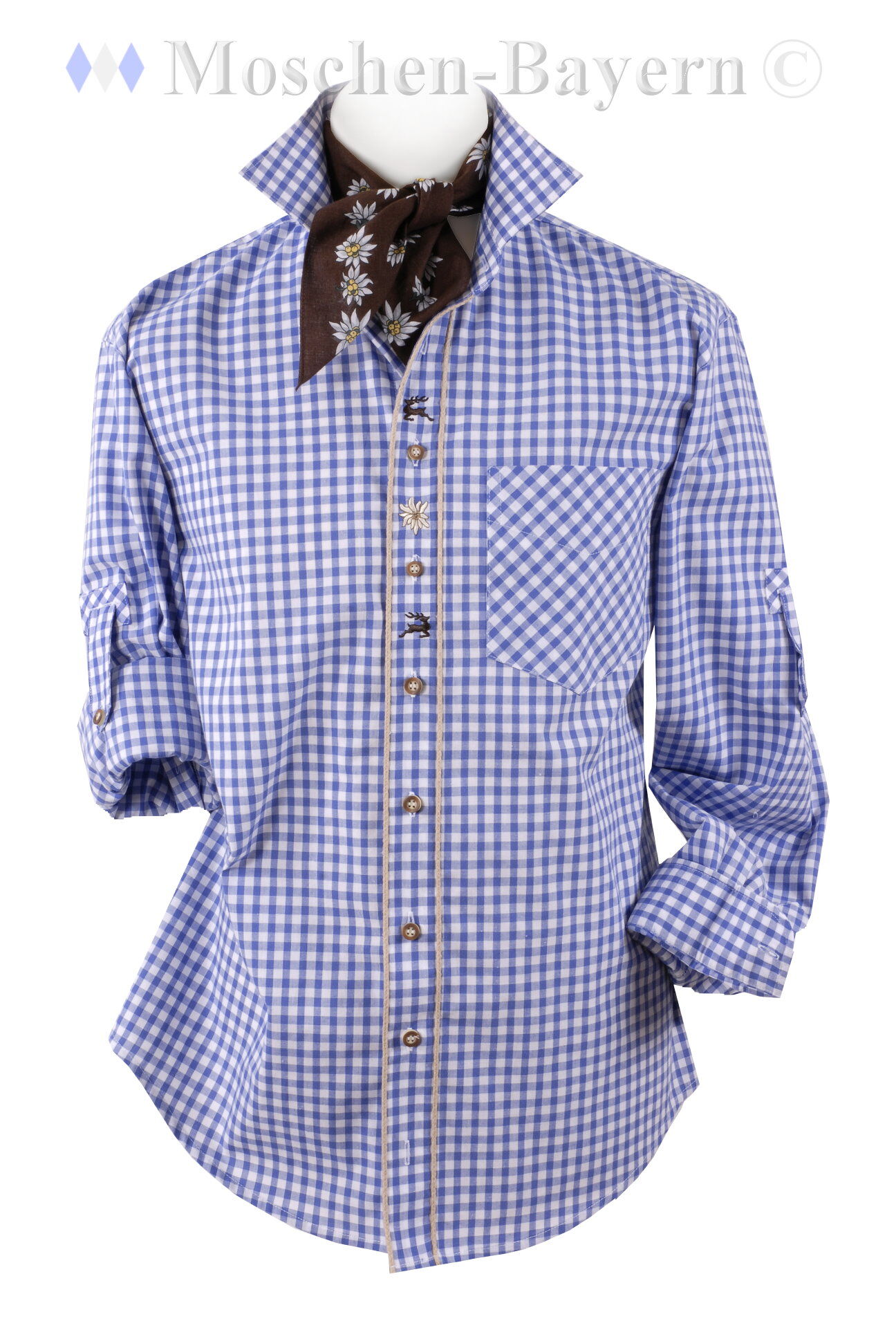 Trachtenhemd kariert Blau Wiesn-Hemd Edelweiß Hirsch Stickerei Trachtenhemd kariert Blau Wiesn-Hemd Edelweiß Hirsch Stickerei