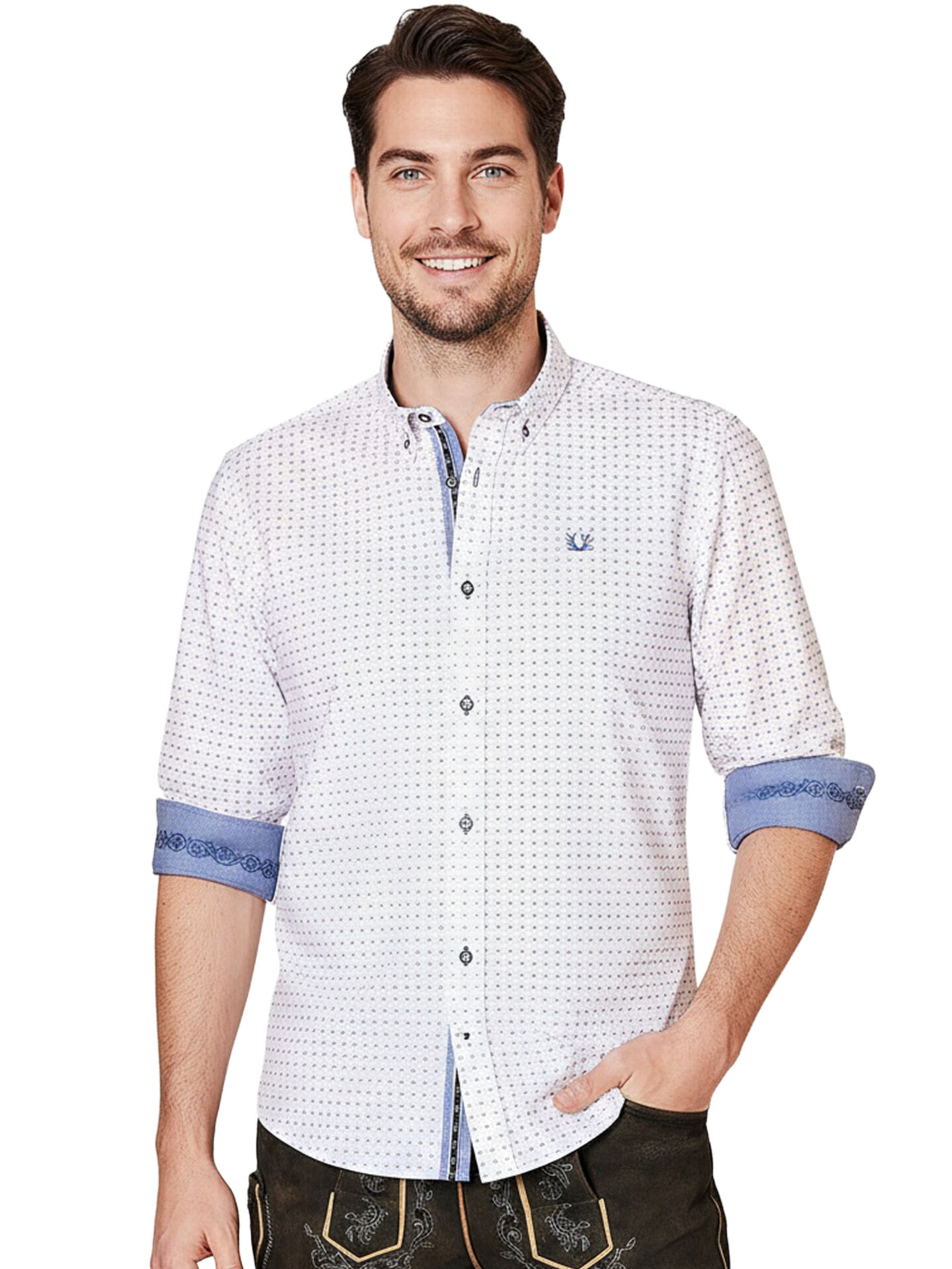 Trachtenhemd Herren Weiß/Blau SLIMFIT mit Punkten