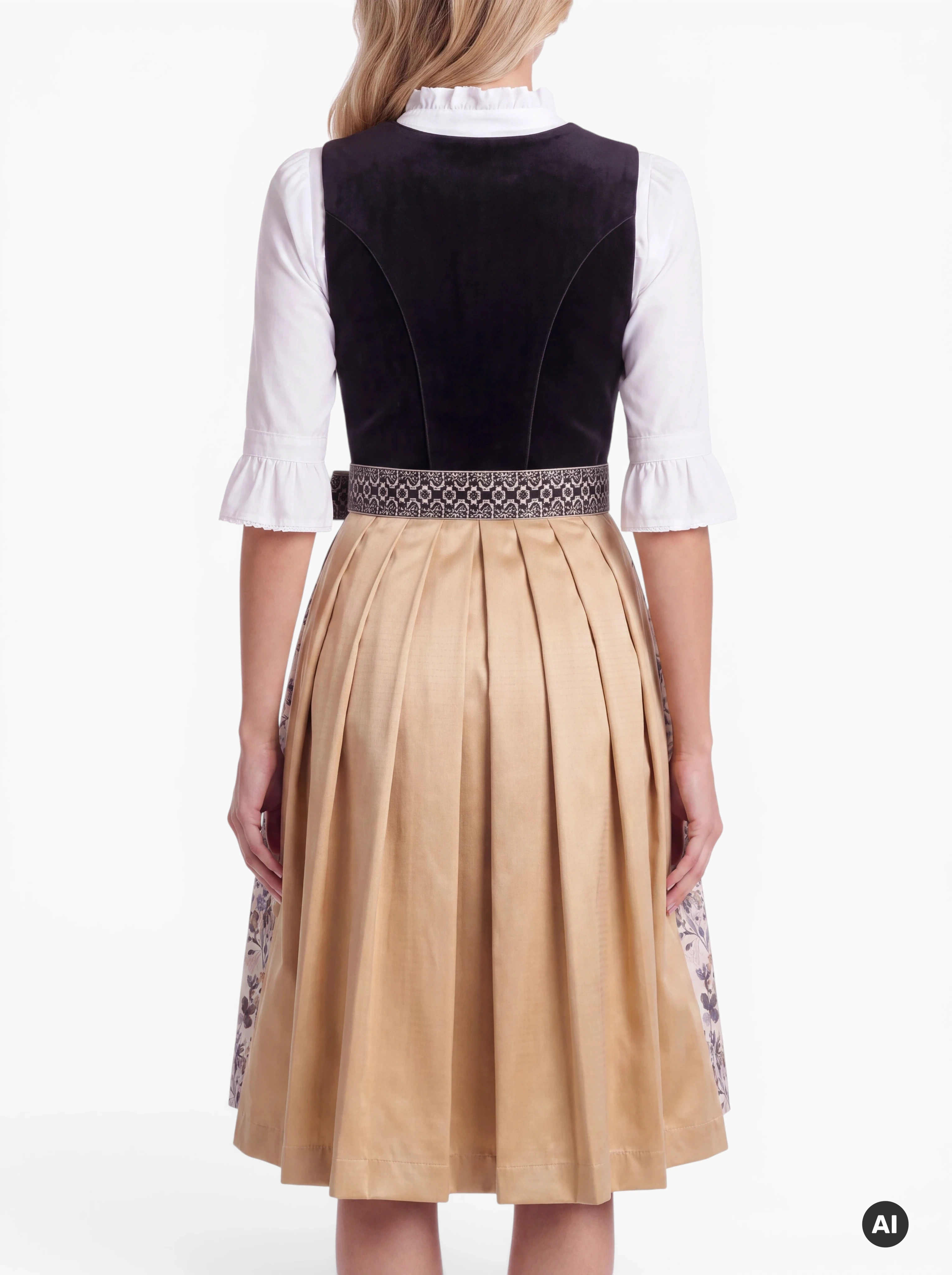 Midi-Dirndl Paula 70 cm – Schwarz/Gold mit floraler Schürze