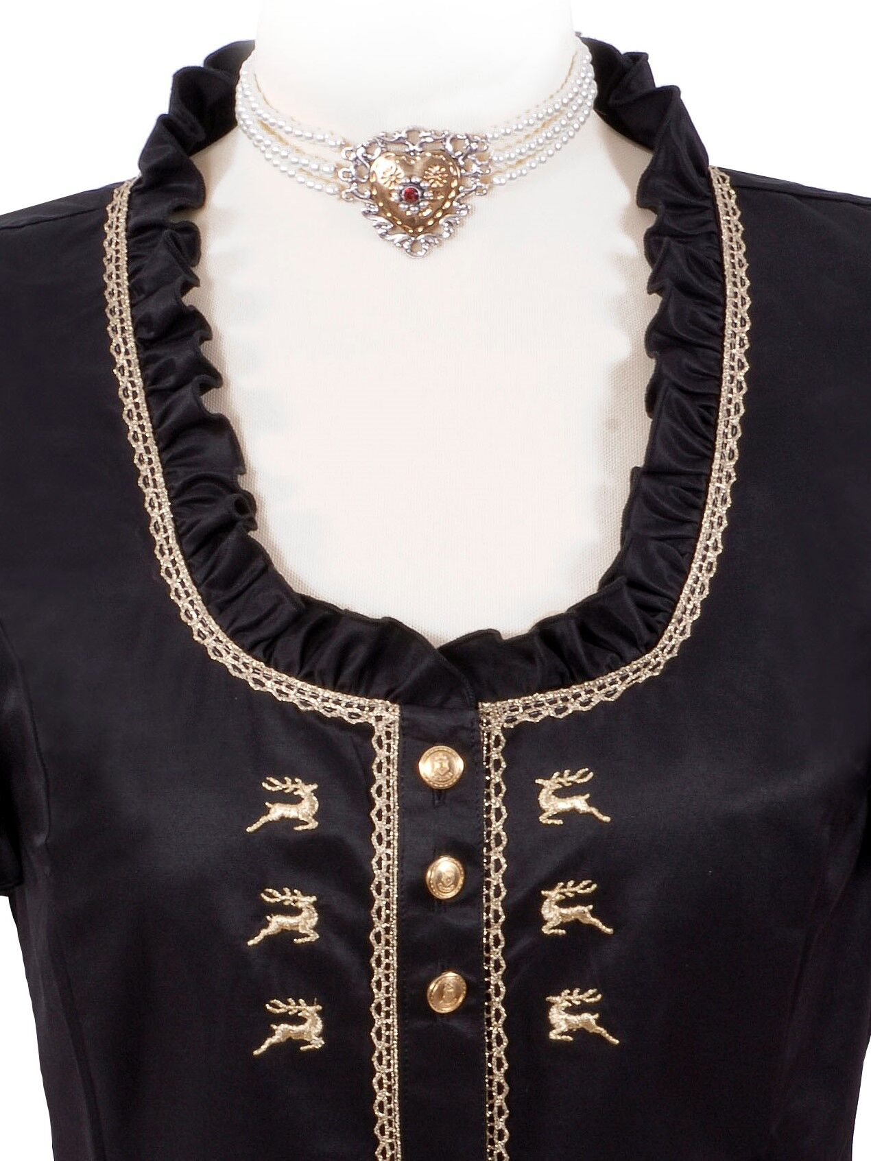 Trachtenbluse festlich Damen Kurzarm Rüschen + Hirsch-Stickerei Schwarz-Gold Trachtenbluse festlich Damen Kurzarm Rüschen + Hirsch-Stickerei Schwarz-Gold