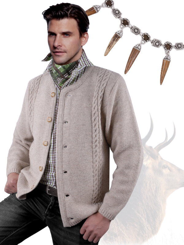 Trachtenstrickjacke Herren Zopf-Muster  Trachtenjanker zur Lederhose Beige Trachtenstrickjacke Herren Zopf-Muster  Trachtenjanker zur Lederhose Beige