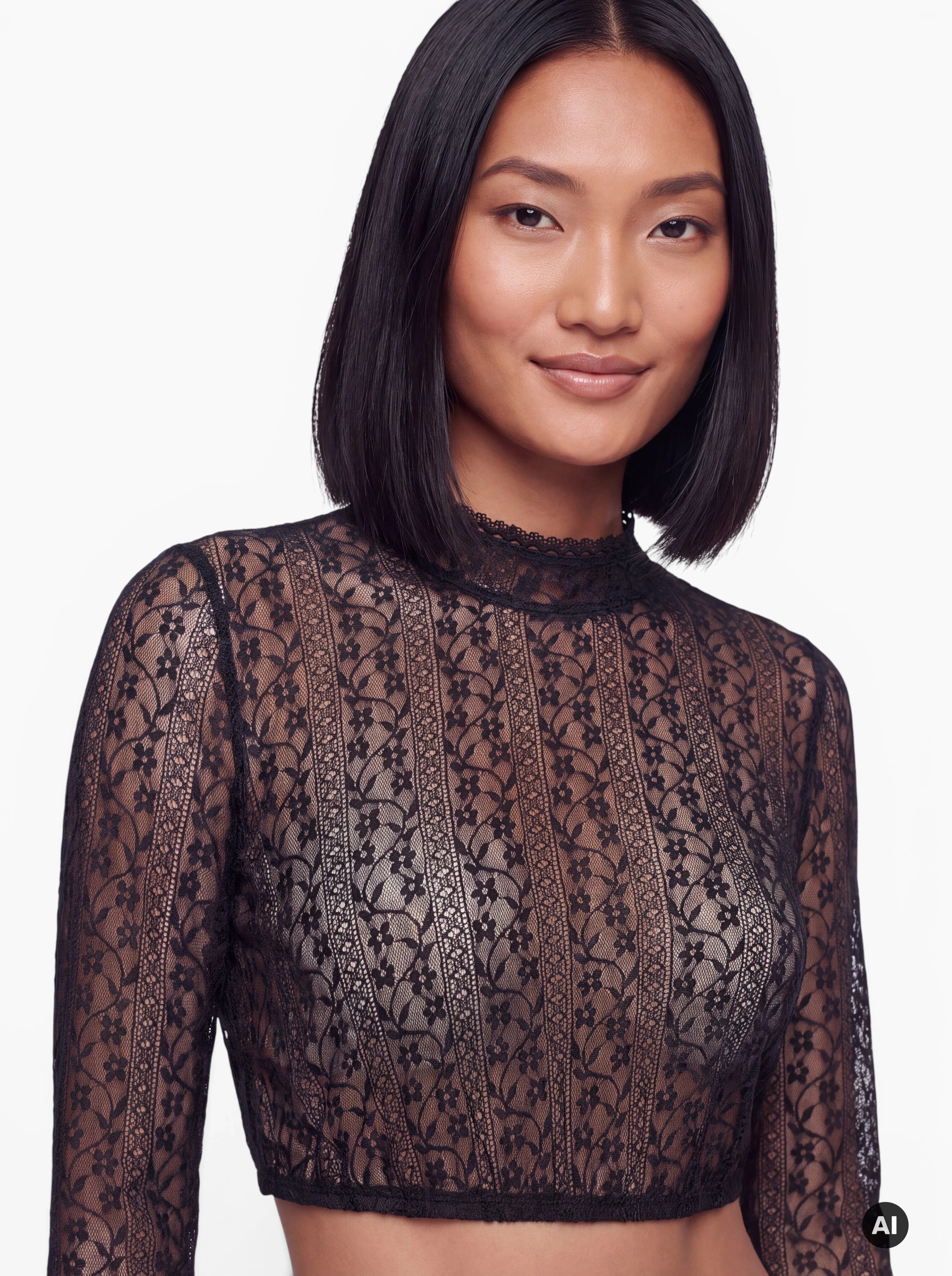 Dirndlbluse Calah Schwarz – hochgeschlossen mit floraler Spitze