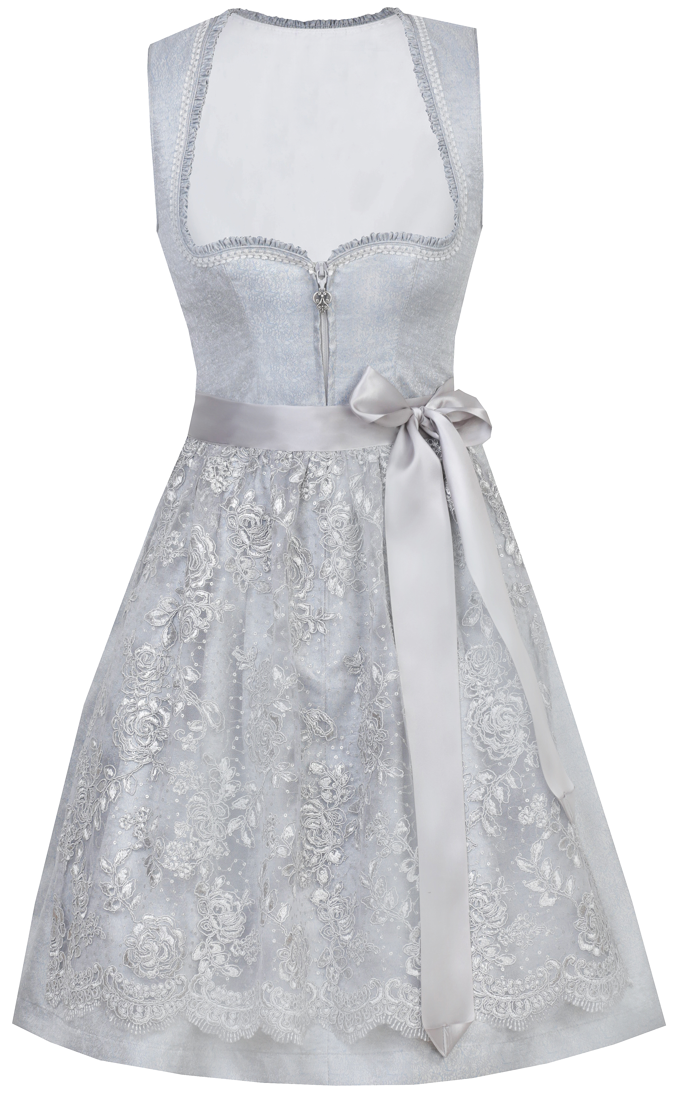 Festliches Midi-Dirndl - kurzes Dirndl + Spitzenschürze Bleu-Silber 