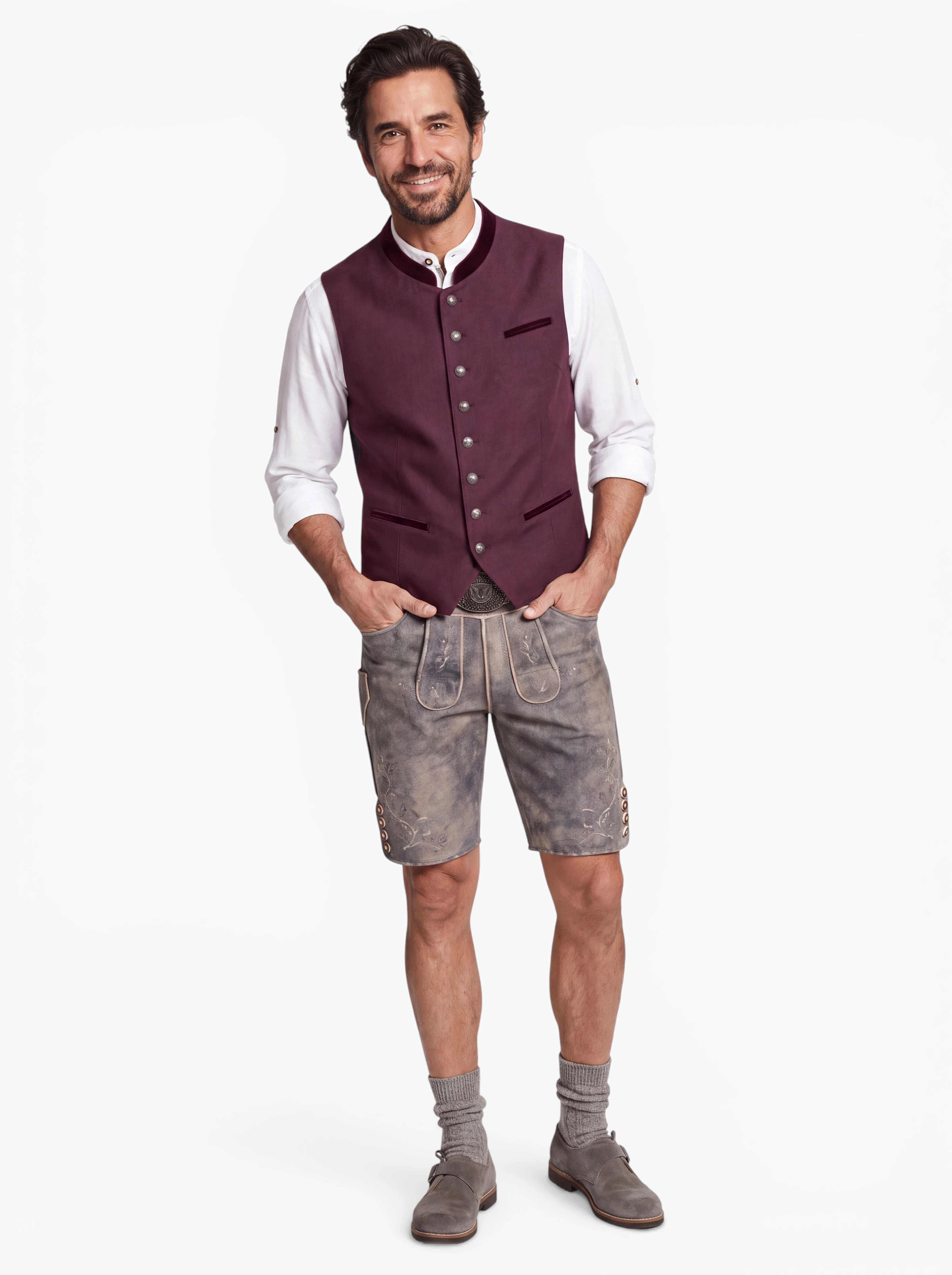 Stretch Trachtenweste Kuno Bordeaux – Elegantes Herren Gilet mit Samtbesatz