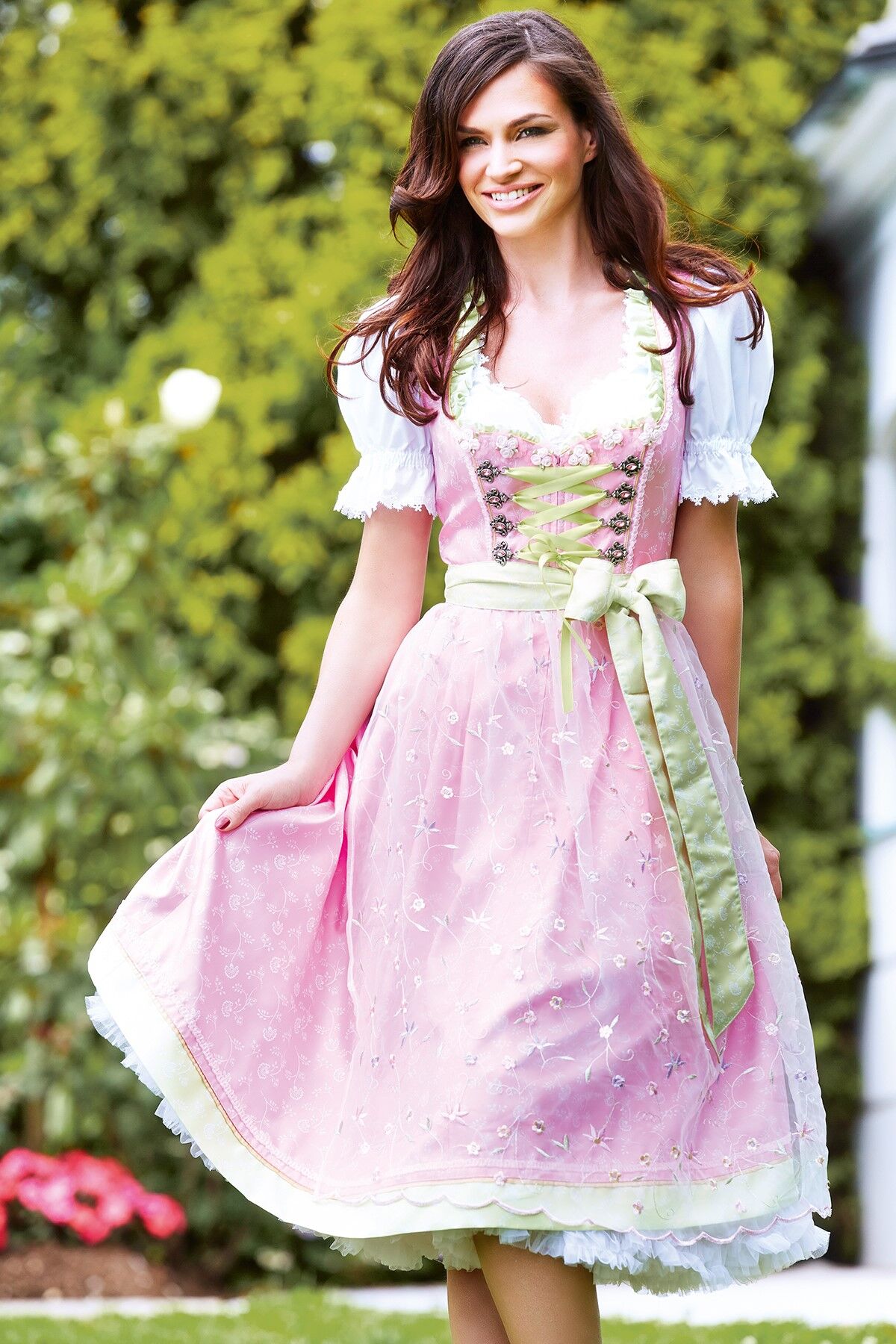 PREMIUM Hochzeitsdirndl - festliches Midi-Dirndl +edel bestickte Organzaschürze Rosa-Grün PREMIUM Hochzeitsdirndl - festliches Midi-Dirndl +edel bestickte Organzaschürze Rosa-Grün