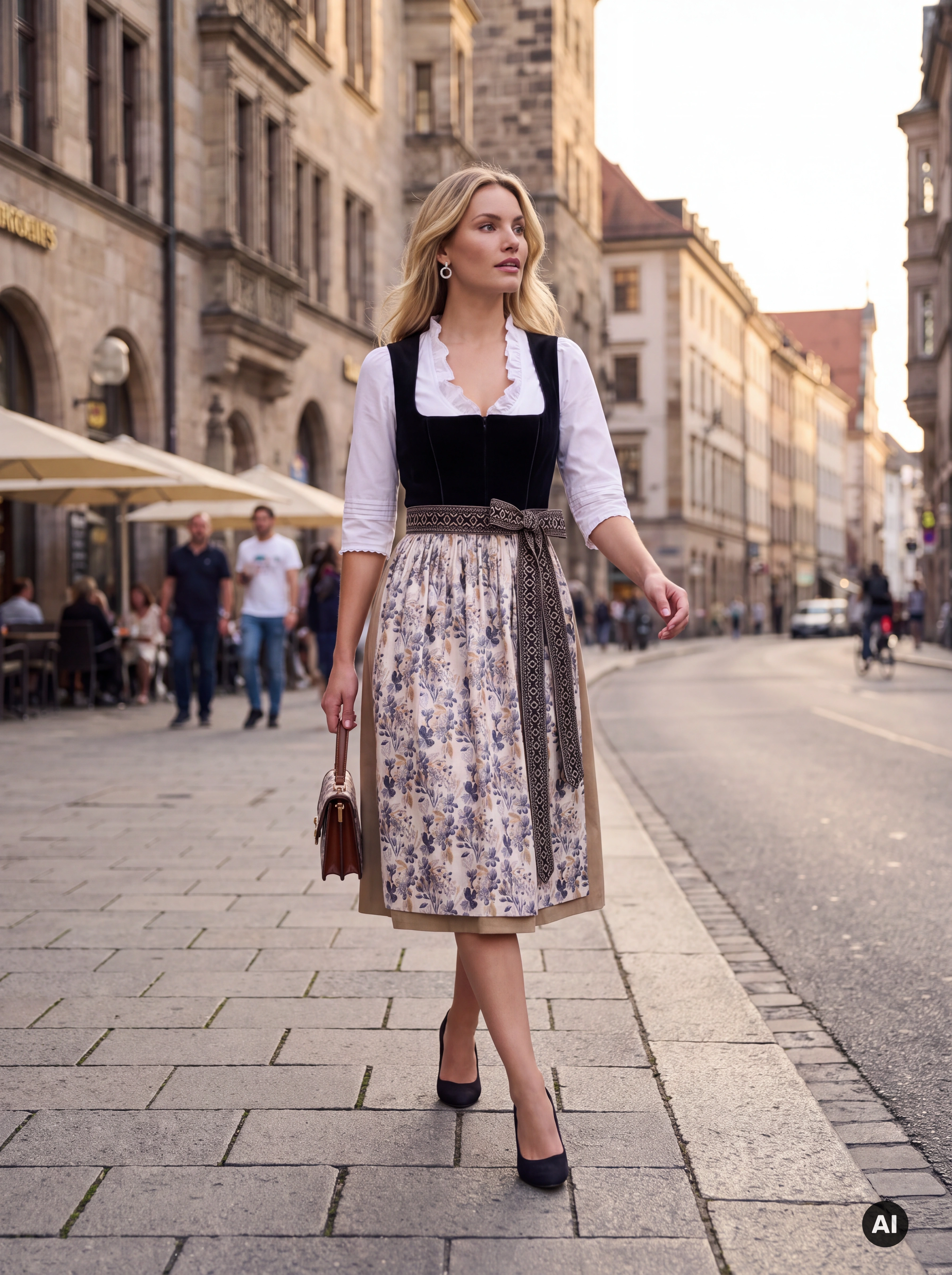 Midi-Dirndl Paula 70 cm – Schwarz/Gold mit floraler Schürze