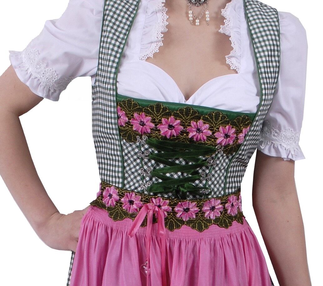 Fröhliches Midi-Dirndl - kurzes Wiesn-Dirndl  kariert Grün-Pink 