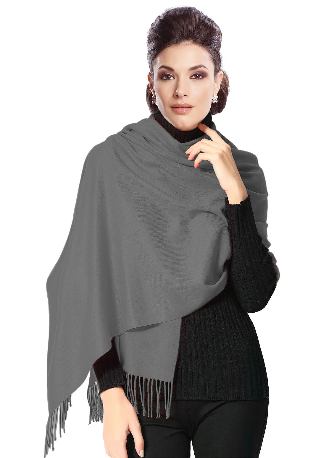 Pashmina Stola Kaschmir Umhang Cashmere Schal Damen Grau Mittelgrau
