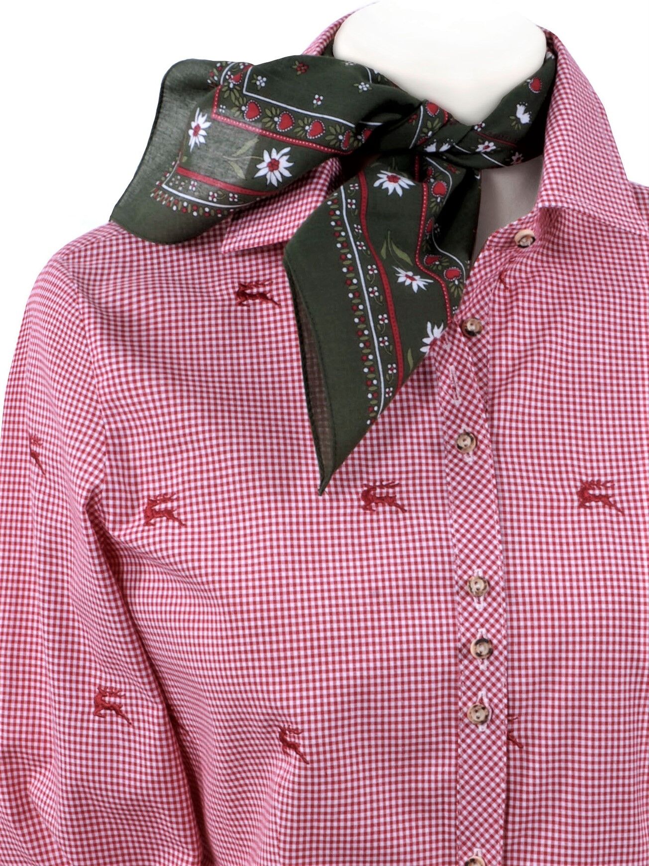 Trachtenbluse Damen kariert Langarm Hirsch Stickerei Blau + Rot Trachtenbluse Damen kariert Langarm Hirsch Stickerei Blau + Rot