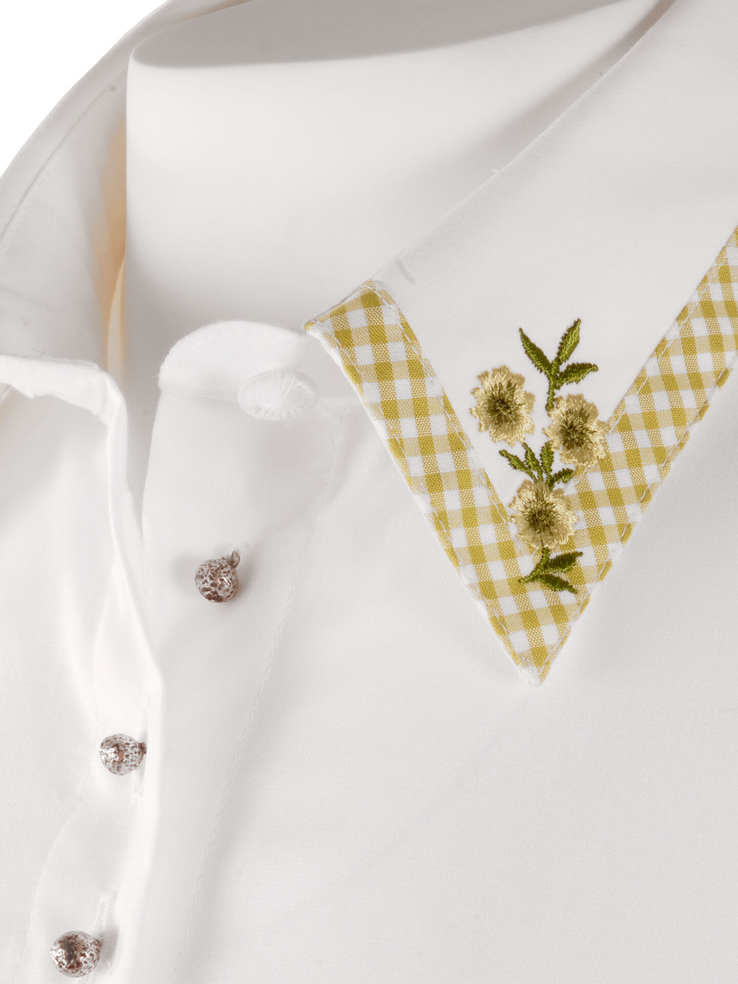PREMIUM Trachtenbluse Damen Kurzarm mit Vichy-Karo + Stickerei  Weiß