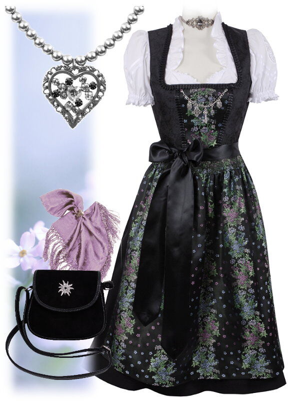 Festliches Midi-Dirndl - kurzes Dirndl mit edler Satinschürze Schwarz-Silber Festliches Midi-Dirndl - kurzes Dirndl mit edler Satinschürze Schwarz-Silber