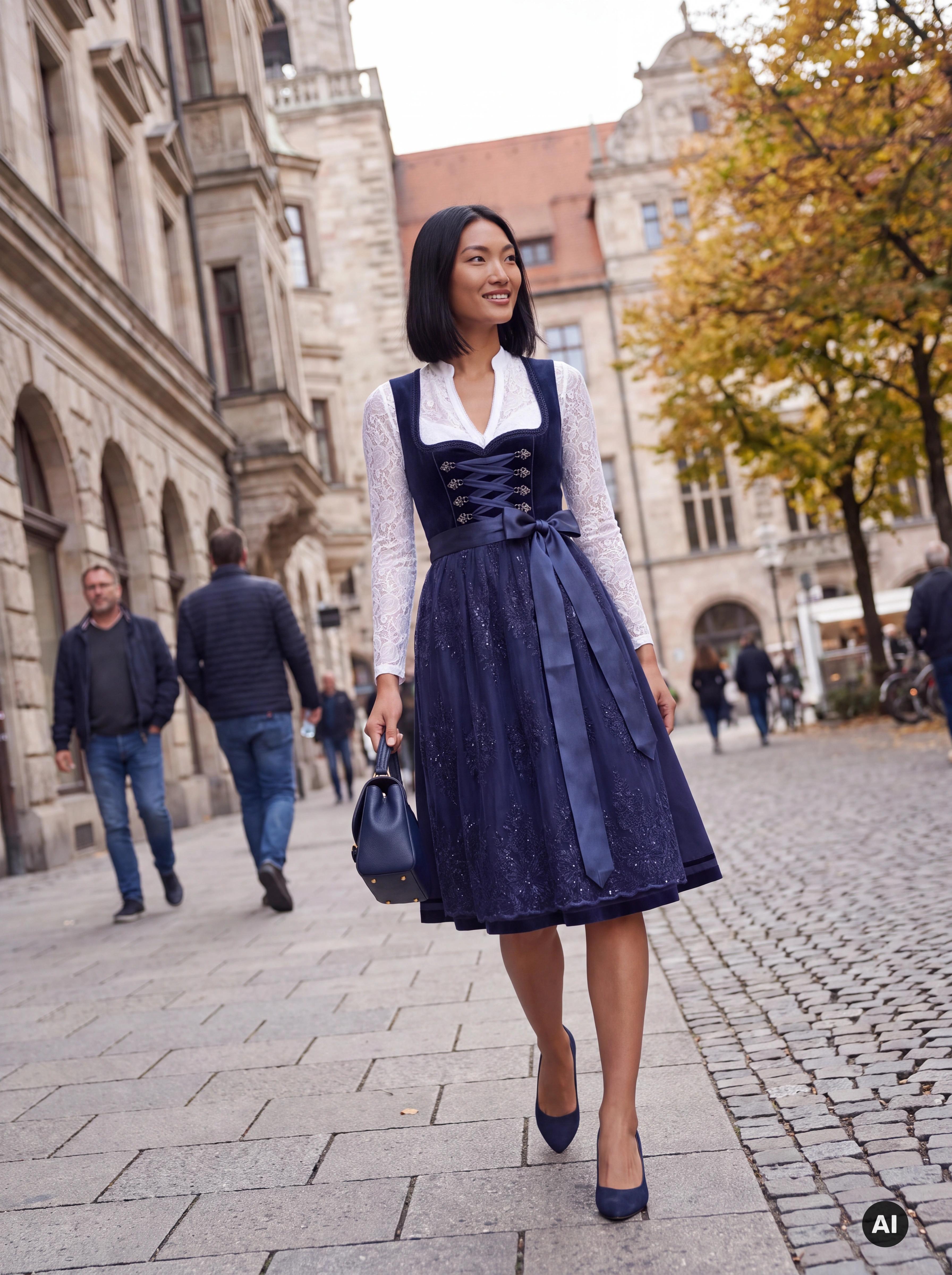 Midi Dirndl Johanna 70 cm Marine mit Spitze & Miederschnürung
