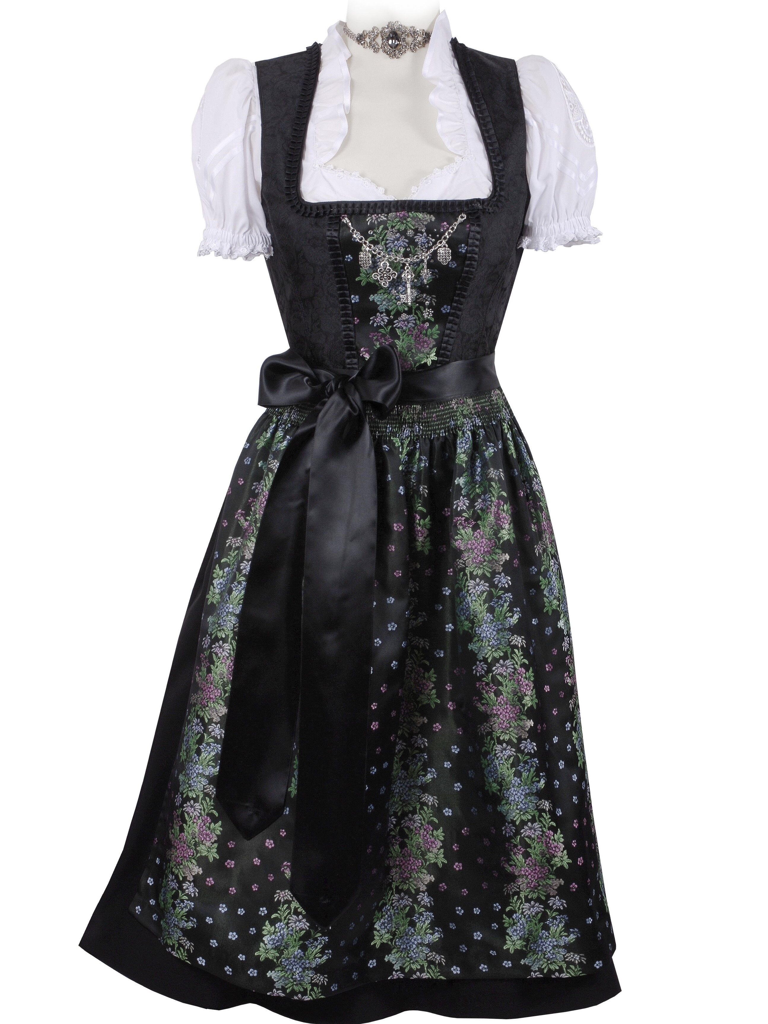 Festliches Midi-Dirndl - kurzes Dirndl mit edler Satinschürze Schwarz-Silber Festliches Midi-Dirndl - kurzes Dirndl mit edler Satinschürze Schwarz-Silber