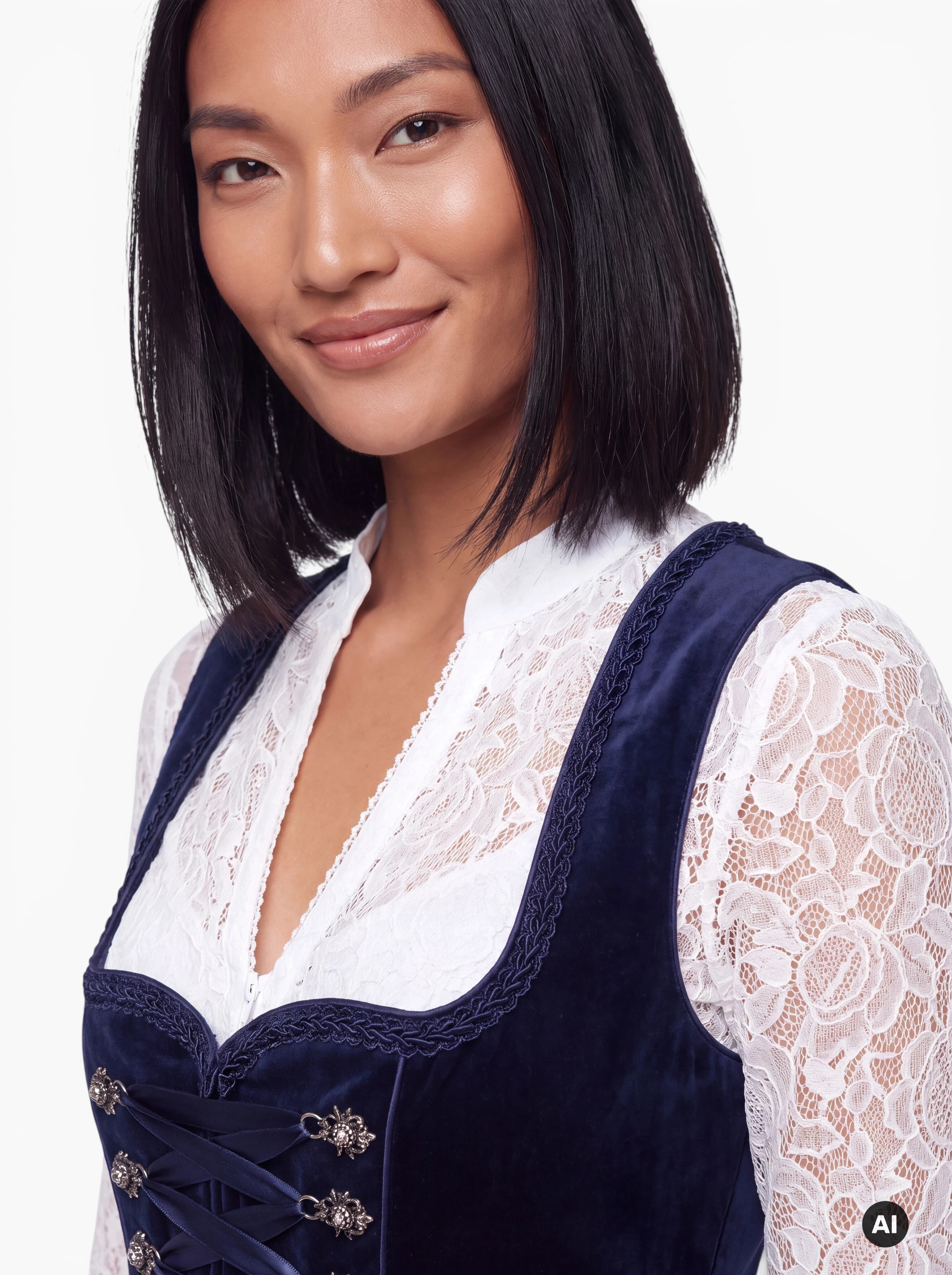 Midi Dirndl Johanna 70 cm Marine mit Spitze & Miederschnürung