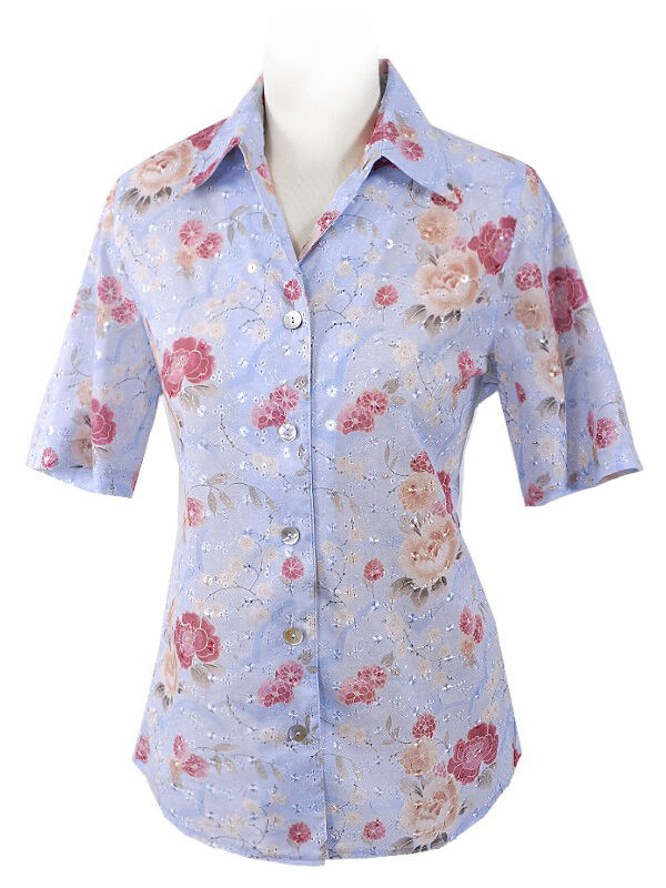 Trachtenbluse Damen Kurzarm Lang zur Jeans Blumen Blau Trachtenbluse Damen Kurzarm Lang zur Jeans Blumen Blau