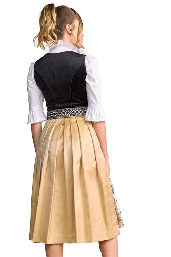 Festliches Midi-Dirndl - kurzes Samtdirndl + Blumenschürze Schwarz-Gold