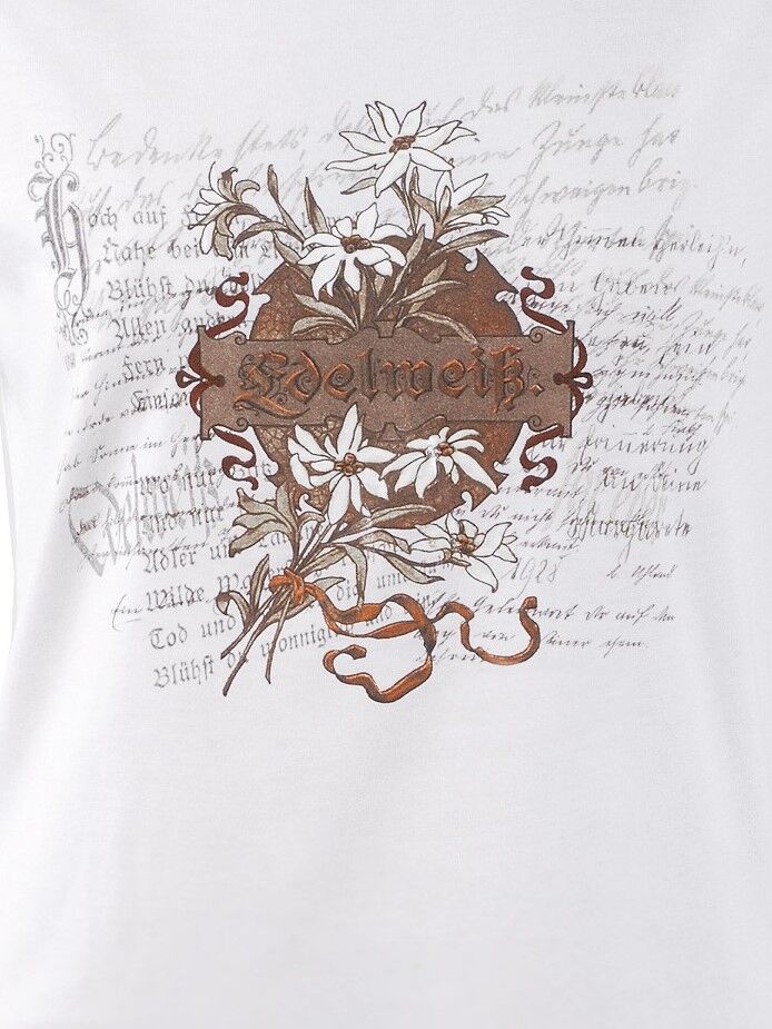 BIO-Baumwolle Trachtenshirt Damen T-Shirt Edelweiß-Design  Weiß-Braun BIO-Baumwolle Trachtenshirt Damen T-Shirt Edelweiß-Design  Weiß-Braun