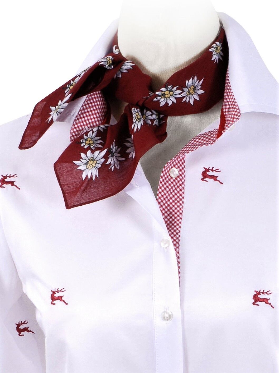 Premium Trachtenbluse Damen Langarm Hirsch-Stickerei Weiß-Rot Premium Trachtenbluse Damen Langarm Hirsch-Stickerei Weiß-Rot
