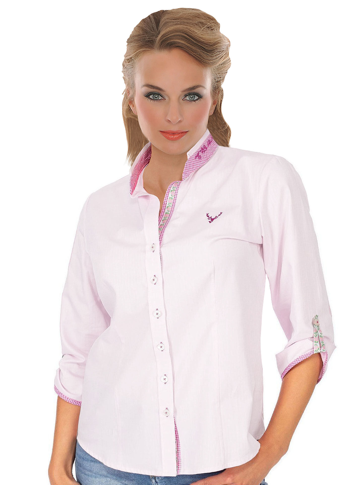 Trachtenbluse Damen 3/4-Arm - Kariert + Hirsch-Stickerei Rosa Trachtenbluse Damen 3/4-Arm - Kariert + Hirsch-Stickerei Rosa