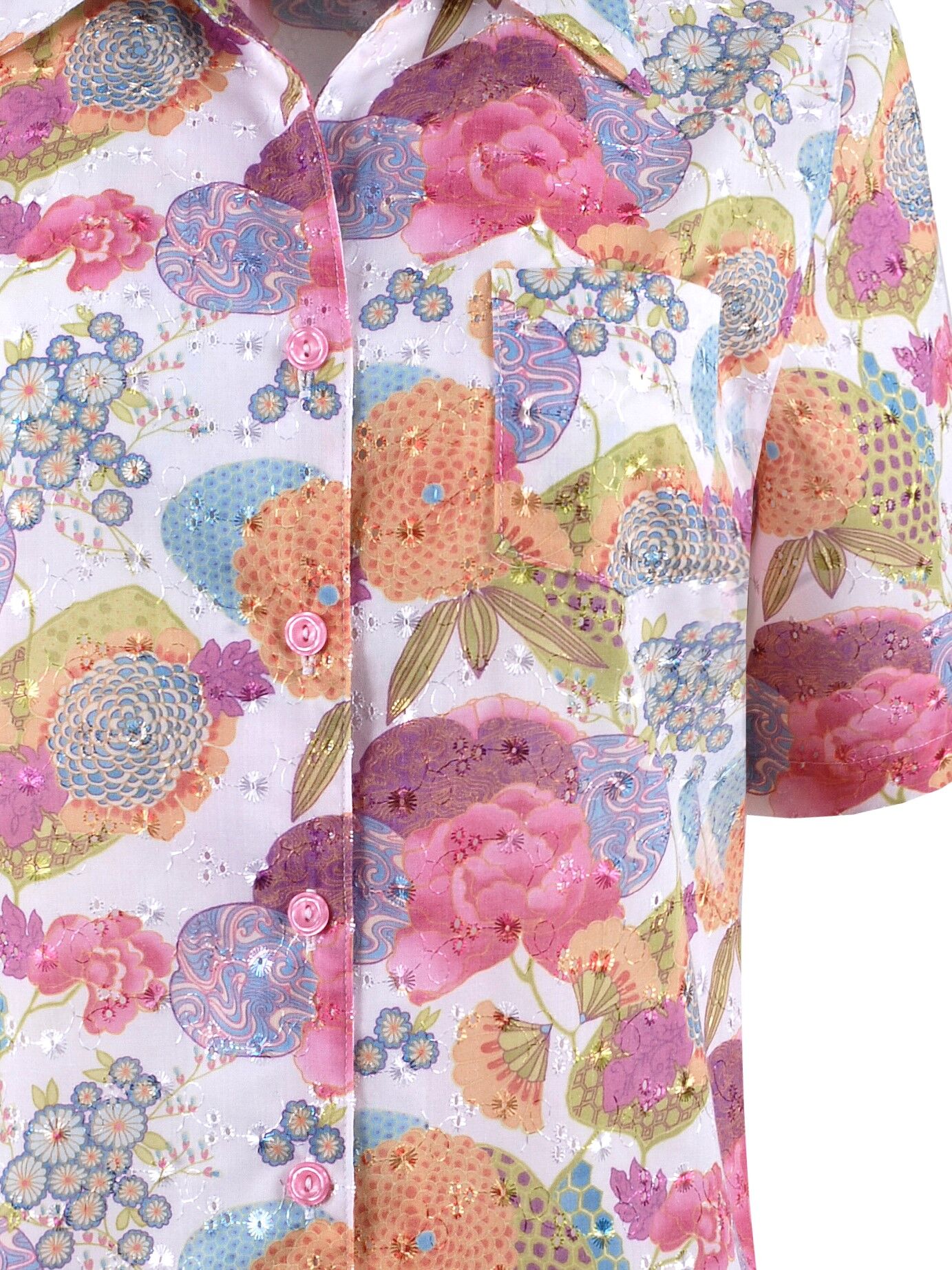 Fröhliche Sommerbluse Damen Kurzarm Lang zur Jeans Blumen Pink Bunt Fröhliche Sommerbluse Damen Kurzarm Lang zur Jeans Blumen Pink Bunt