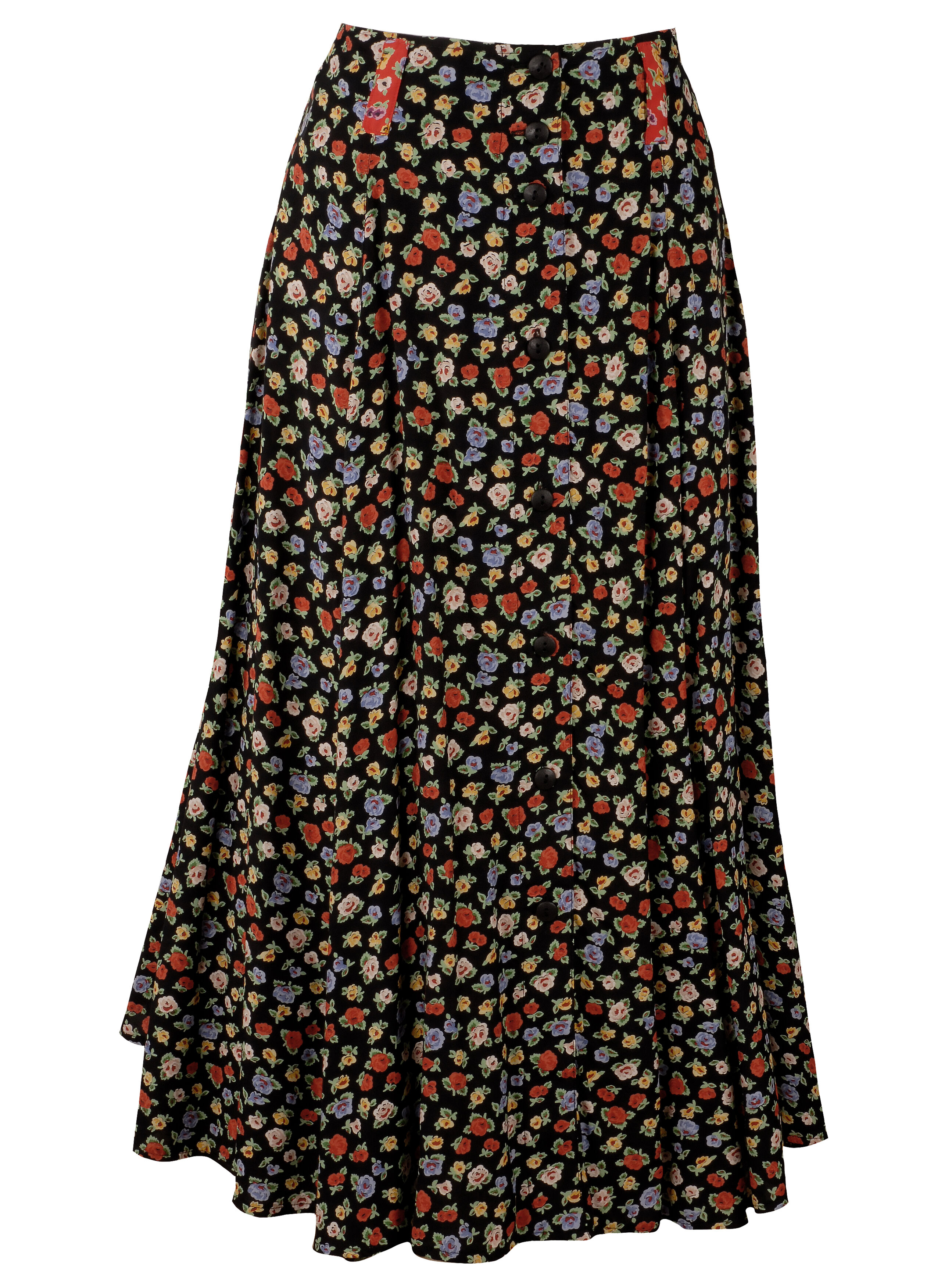 Trachtenrock Damen langer Sommerrock im Mille-Fleur-Design Schwarz bunt - Trachtenrock Damen langer Sommerrock im Mille-Fleur-Design Schwarz bunt -