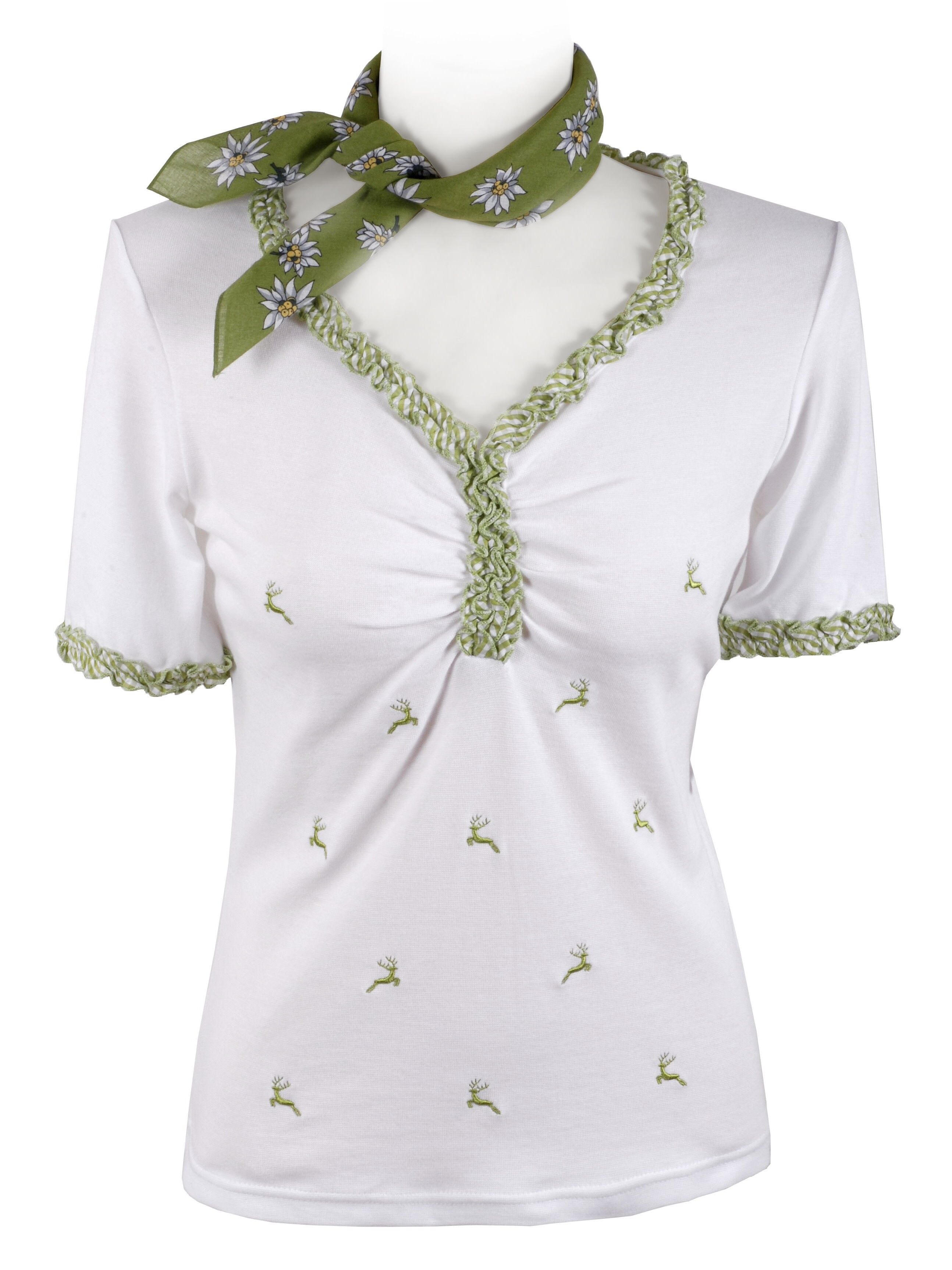 Premium Trachtenshirt Damen T-Shirt Hirsch-Stickerei Weiß-Grün Premium Trachtenshirt Damen T-Shirt Hirsch-Stickerei Weiß-Grün