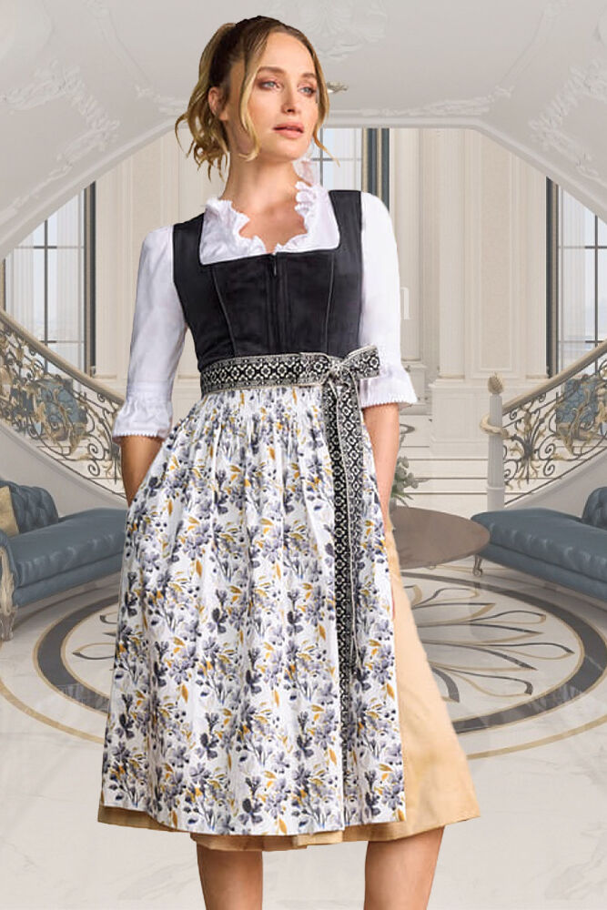 Festliches Midi-Dirndl - kurzes Samtdirndl + Blumenschürze Schwarz-Gold