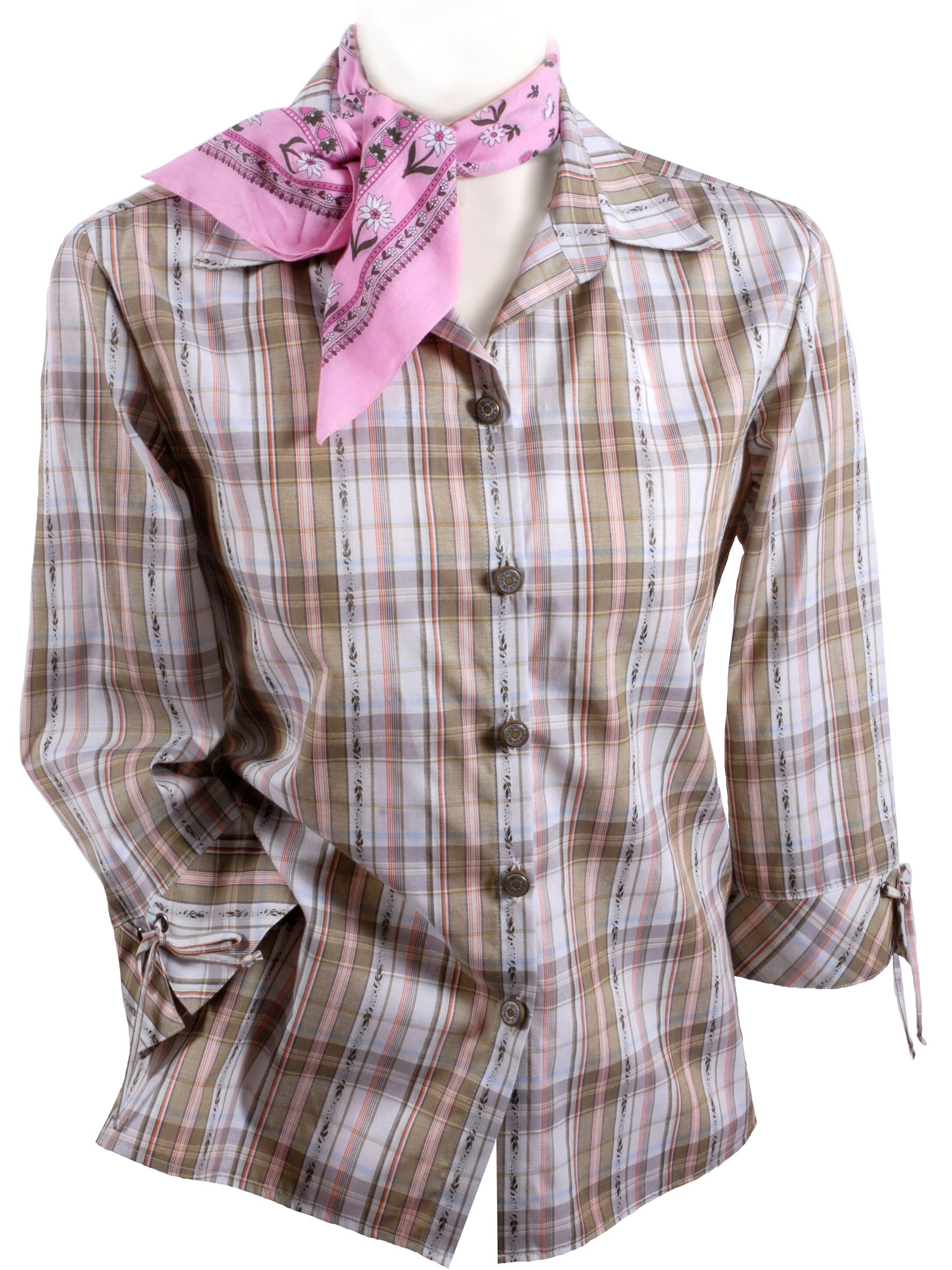 Trachtenbluse Damen kariert 3/4 Arm Beige-Grün Trachtenbluse Damen kariert 3/4 Arm Beige-Grün