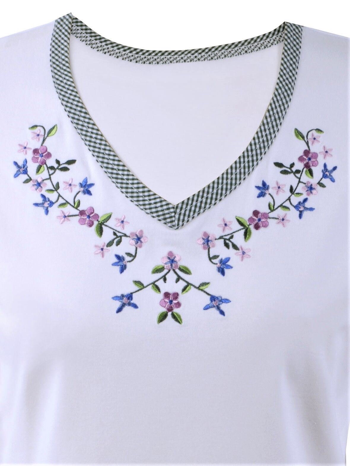 Trachtenshirt Damen T-Shirt Blumen-Stickerei Langarm Weiß-Grün