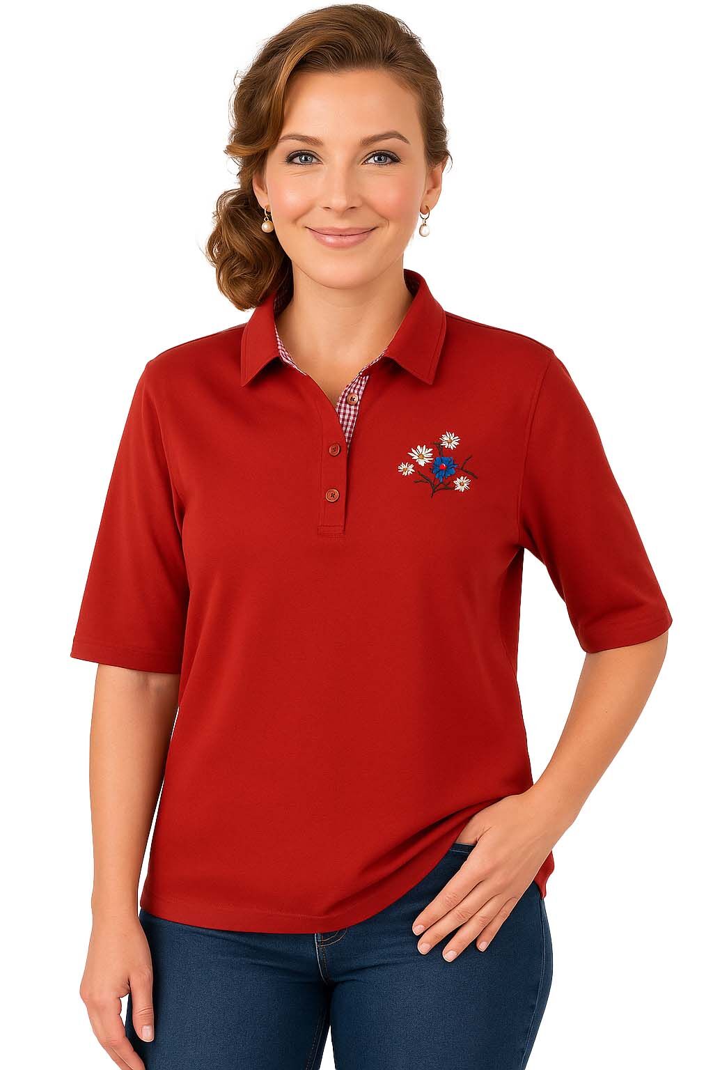 PREMIUM Trachtenshirt Damen T-Shirt lang Edelweiß-Stickerei Rot 